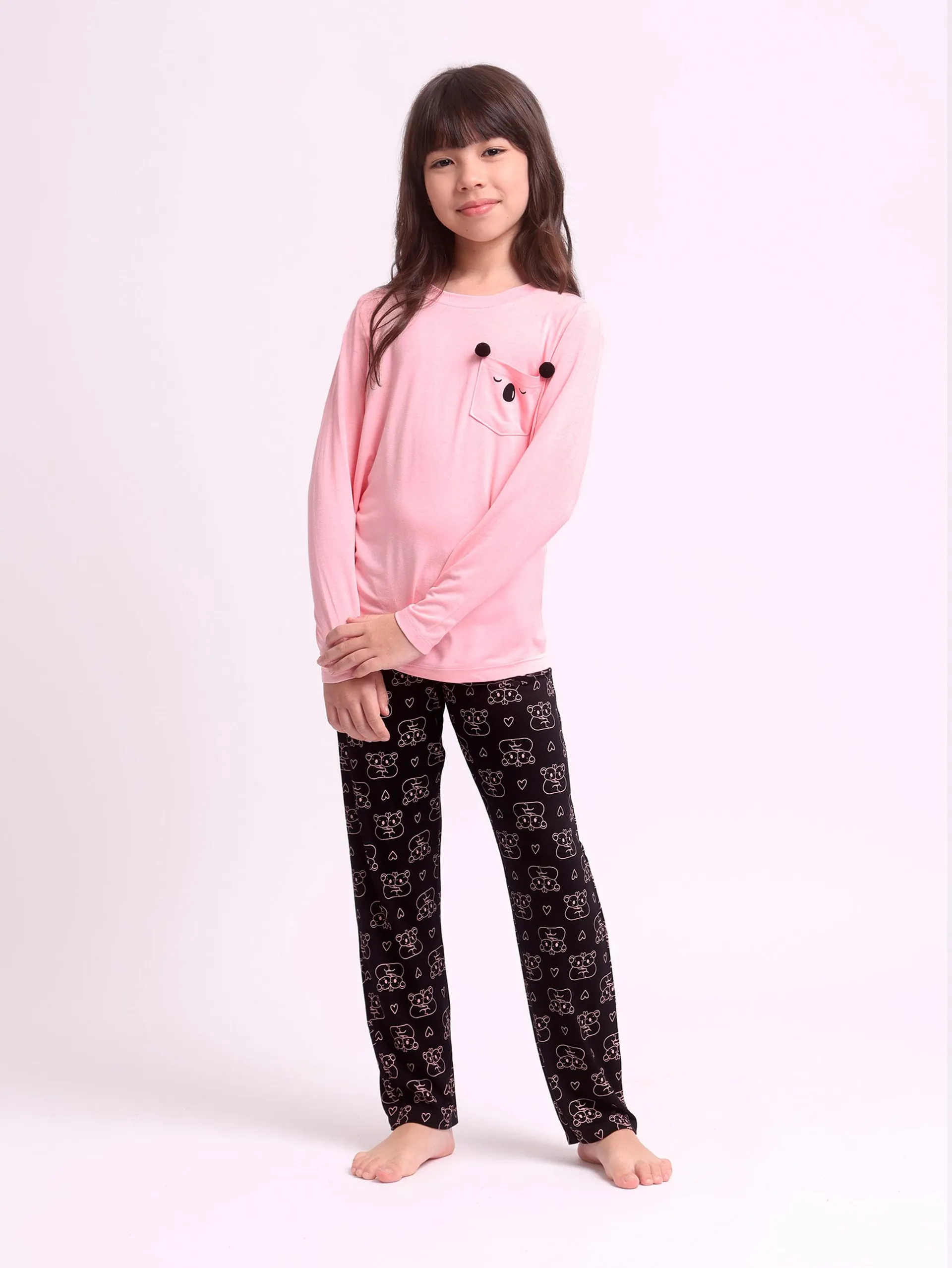 Pijama Infantil Feminino Manga Longa Koala Pocket