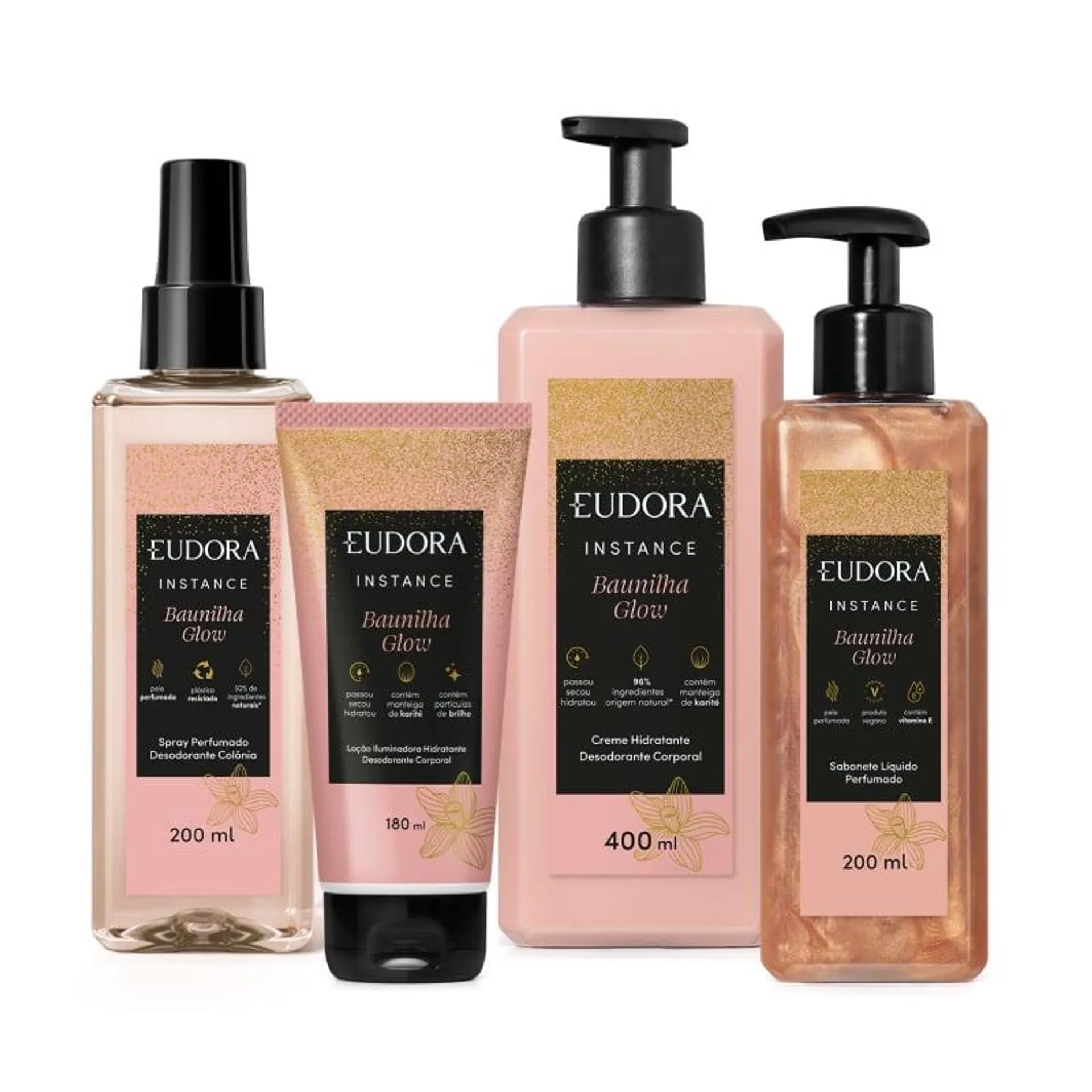 Combo Instance Baunilha Glow: Desodorante Colônia Spray Perfumado 2OOml + Creme Desodorante Hidratante Corporal 400ml + Loção Iluminadora 180ml + Sabonete Líquido 200ml