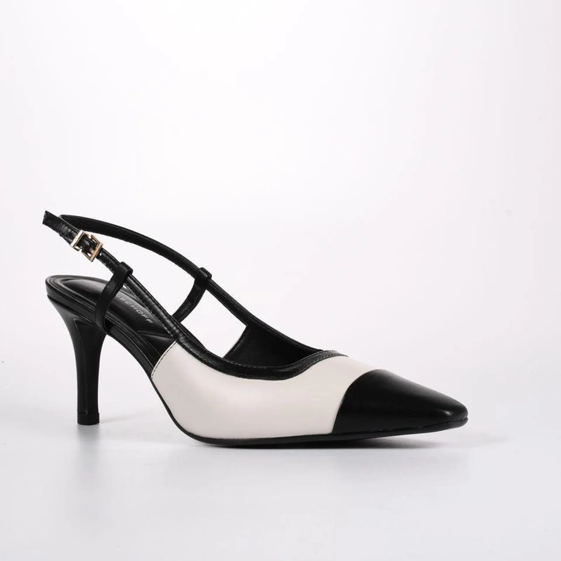 Slingback Branco Blanc Preto Tira Salto Médio Couro