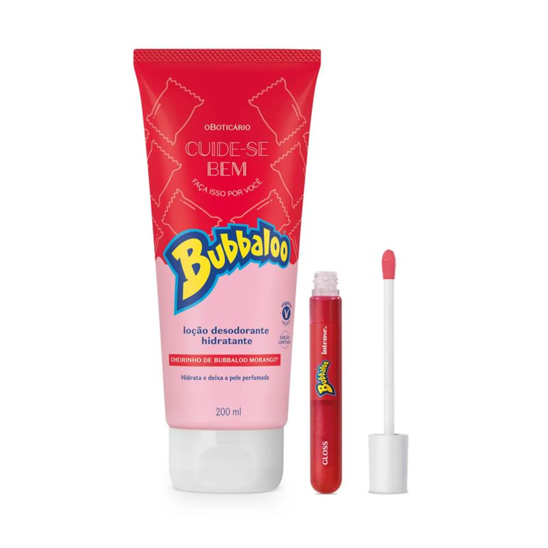 Combo Bubbaloo Morango: Gloss 5ml + Loção Hidratante Desodorante Corporal 200ml