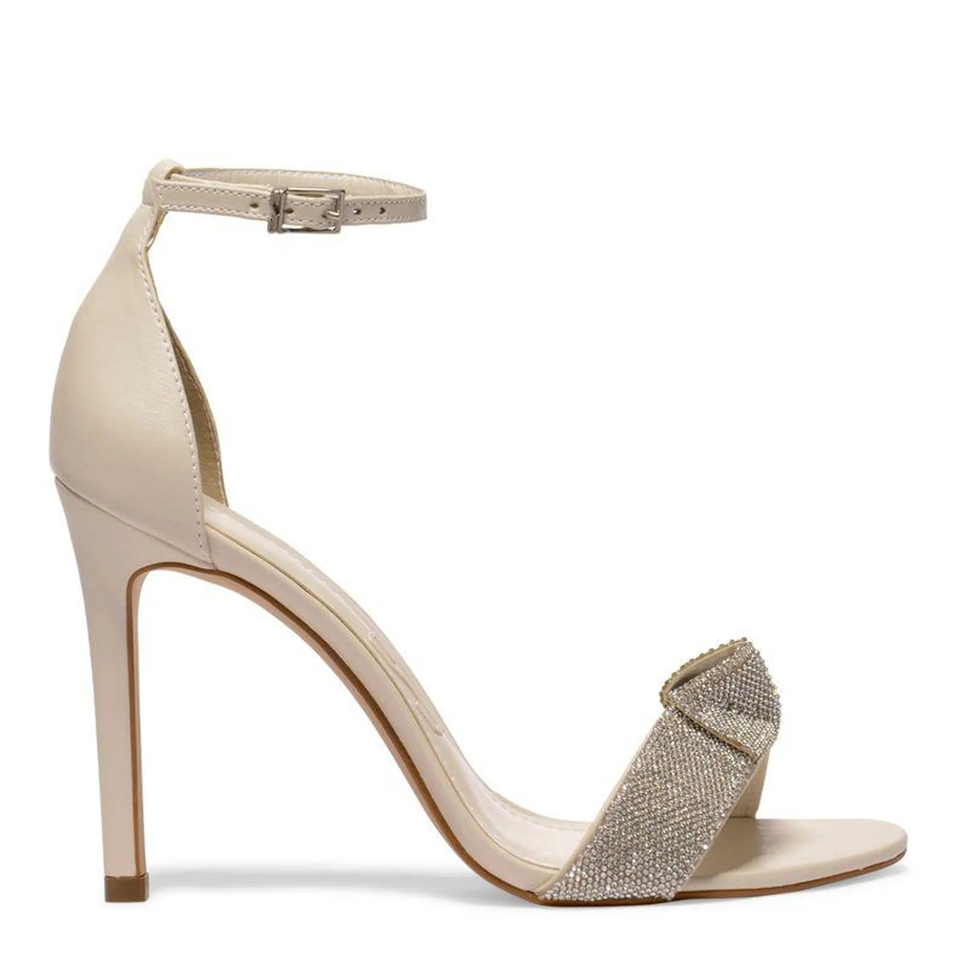 Sandália de Salto Alto Fino Shiny Lolla Off White com Detalhe de Nó de Brilho de Strass Prata