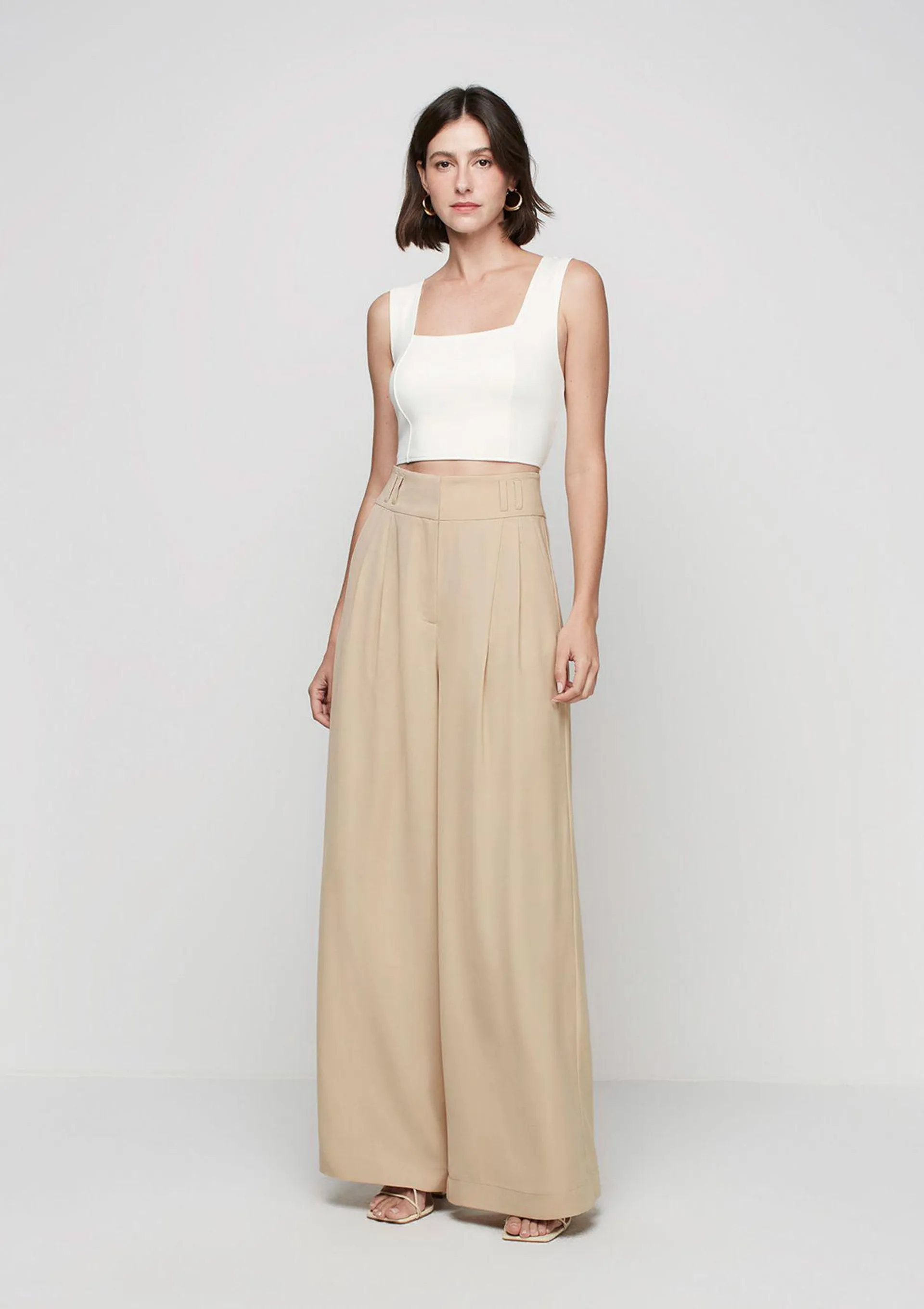 Calça Wide Leg Cintura Alta Em Alfaiataria - Marrom