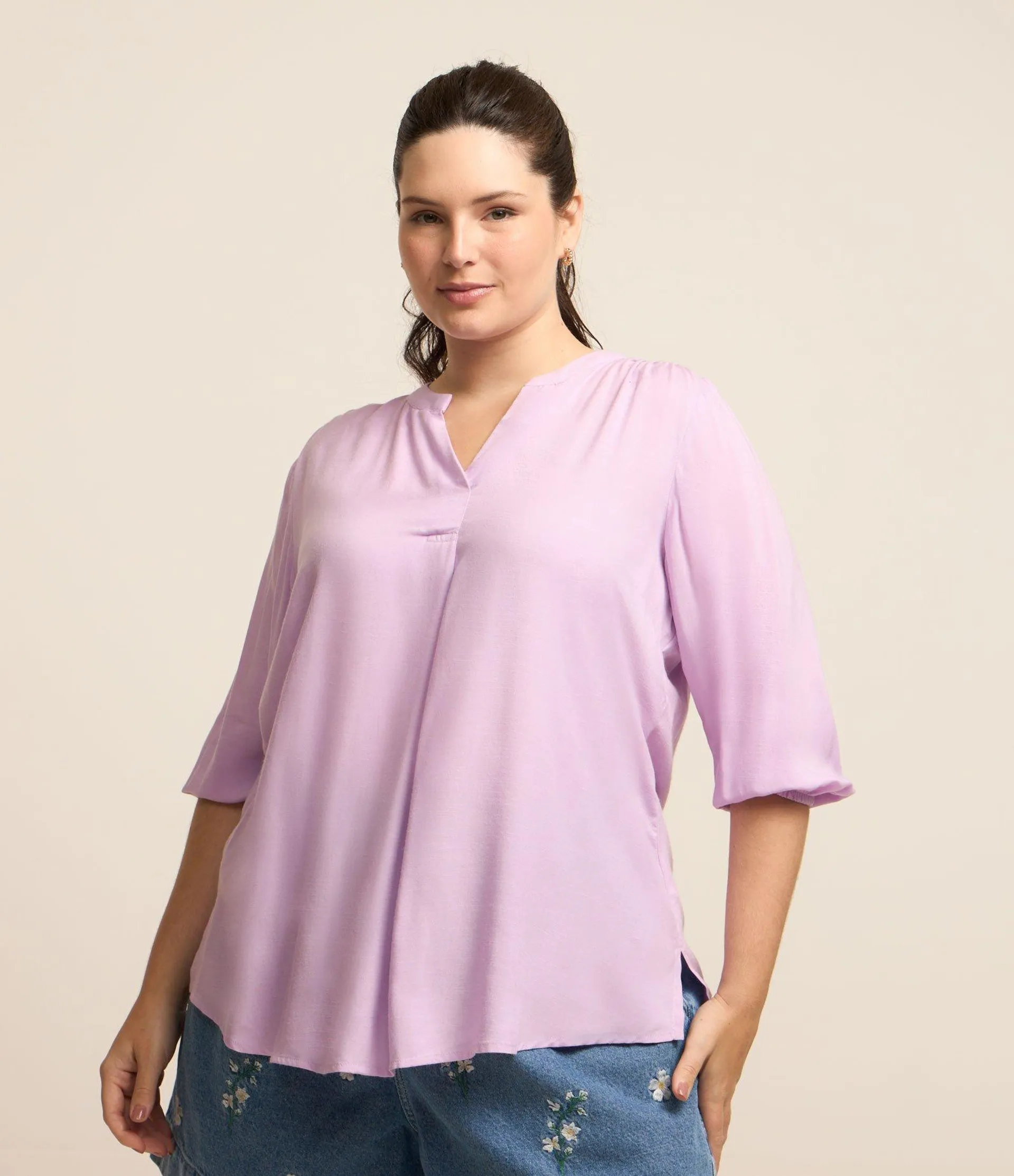 Blusa Bata em Algodão com Manga 3/4 Curve & Plus Size Lilás