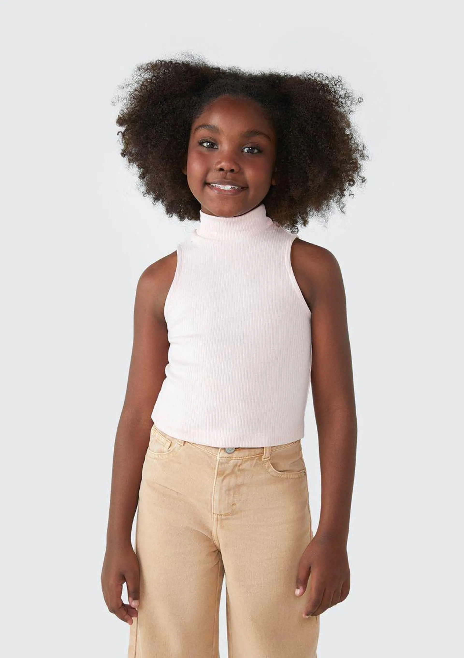 Regata Básica Infantil Menina Cropped Com Gola Alta Em Ribana - Rosa