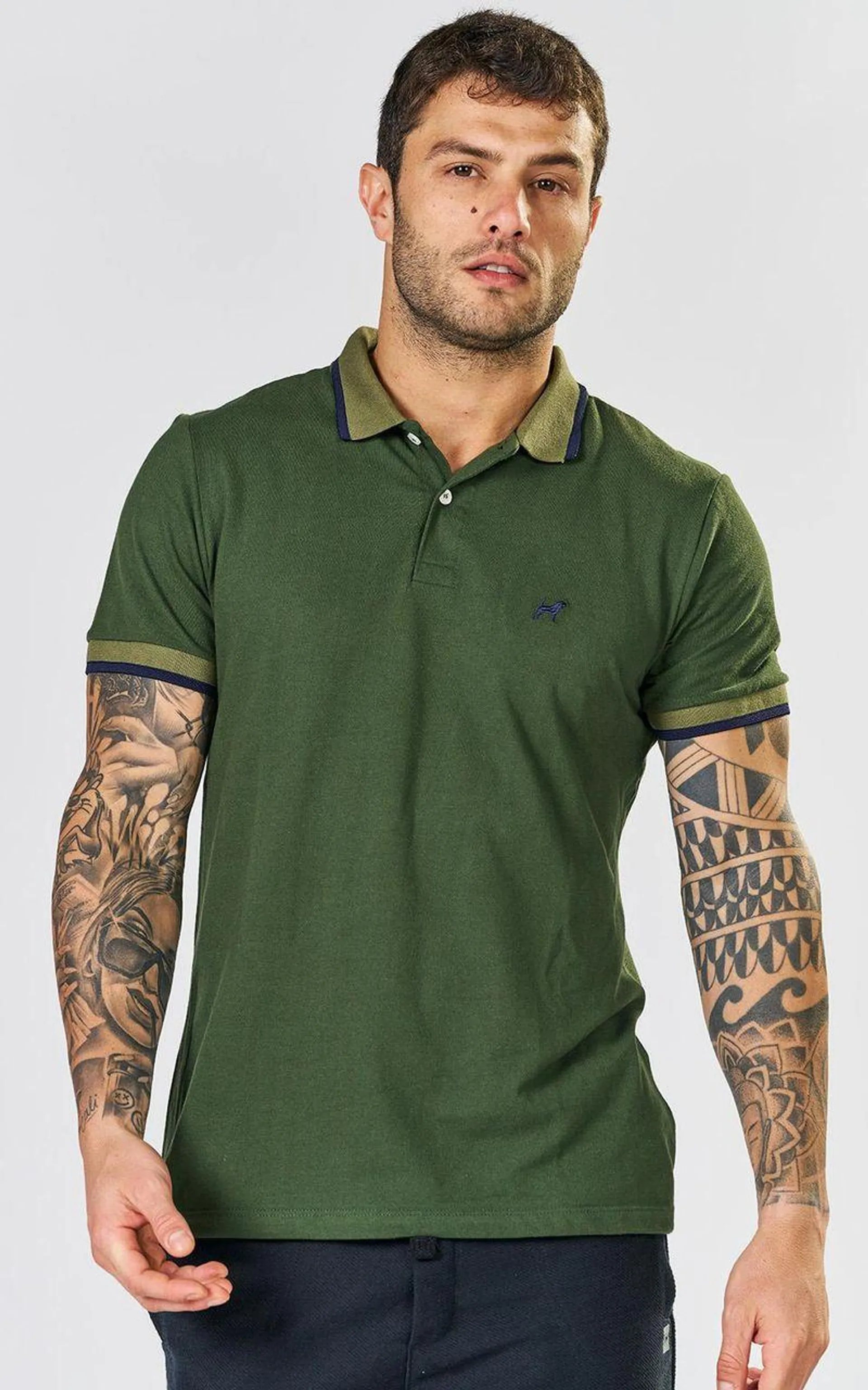 Polo básica manga curta gola jacquard masculina - VRD BLACK GREEN