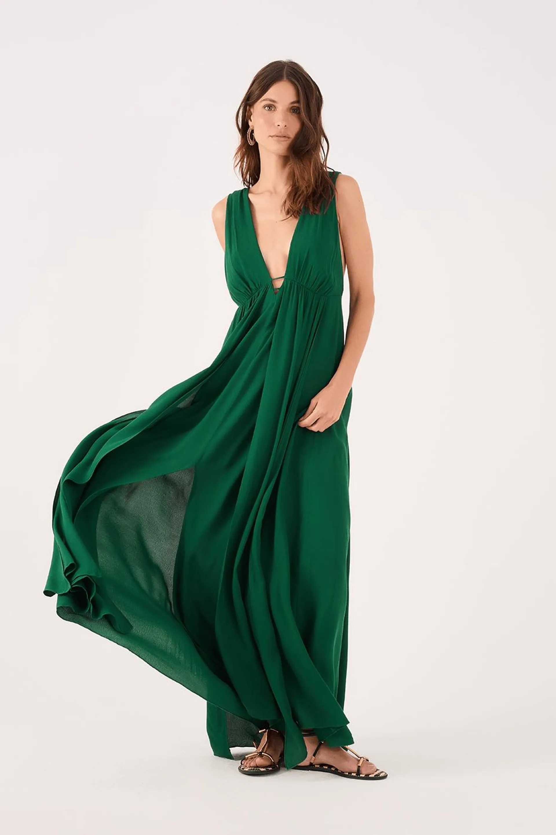 Vestido Longo Crepe Saia Sobreposta