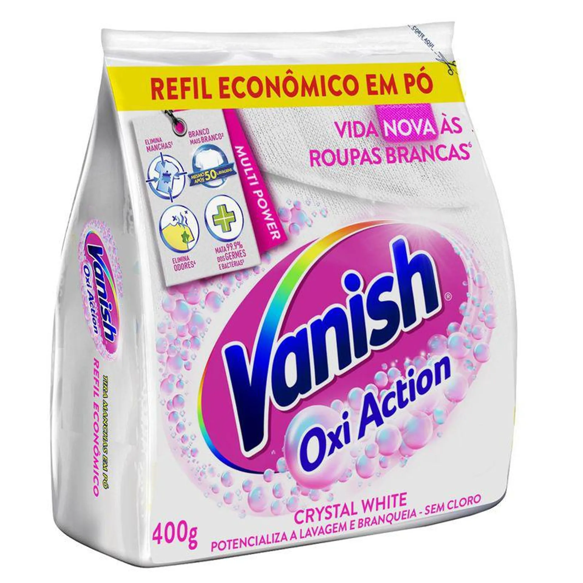 Tira Manchas VANISH em Pó Crystal White Oxi Action para Roupas Brancas Refil Econômico 400g