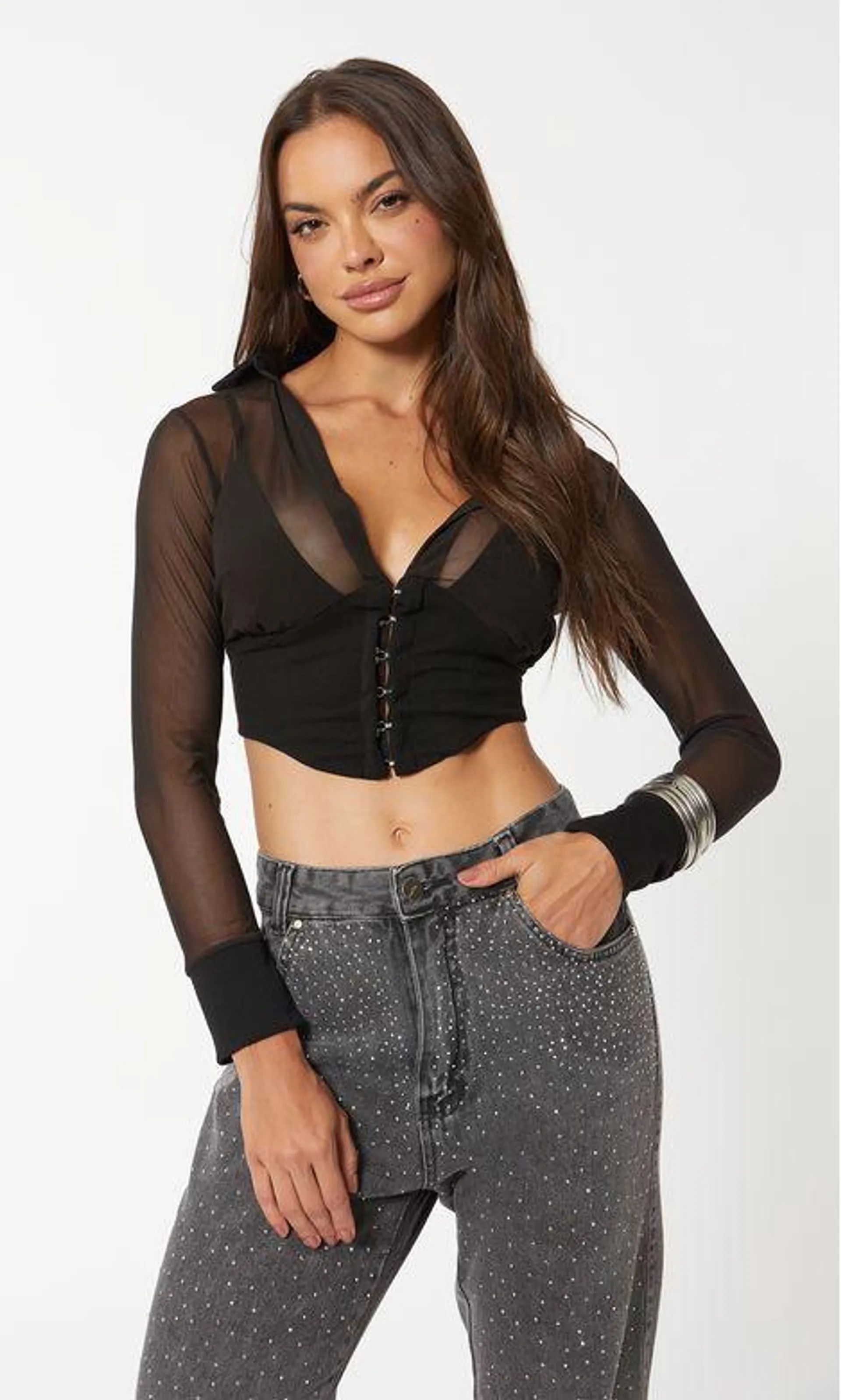 Corset Malha Manga Longa Tule Ganchos - Preto