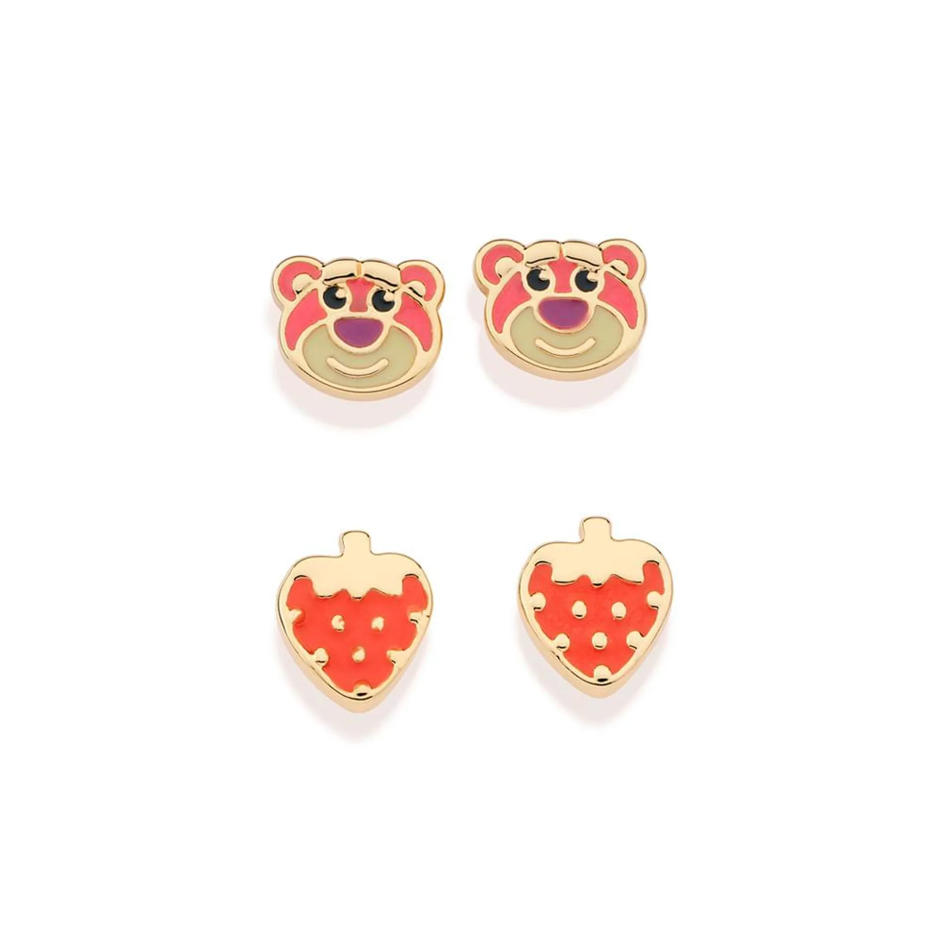 KIT BRINCO ROSTO URSO LOTSO E MORANGO BANHADO A OURO 18K COM APLICAÇÃO DE RESINA - TAM.ÚNICO 5274690014