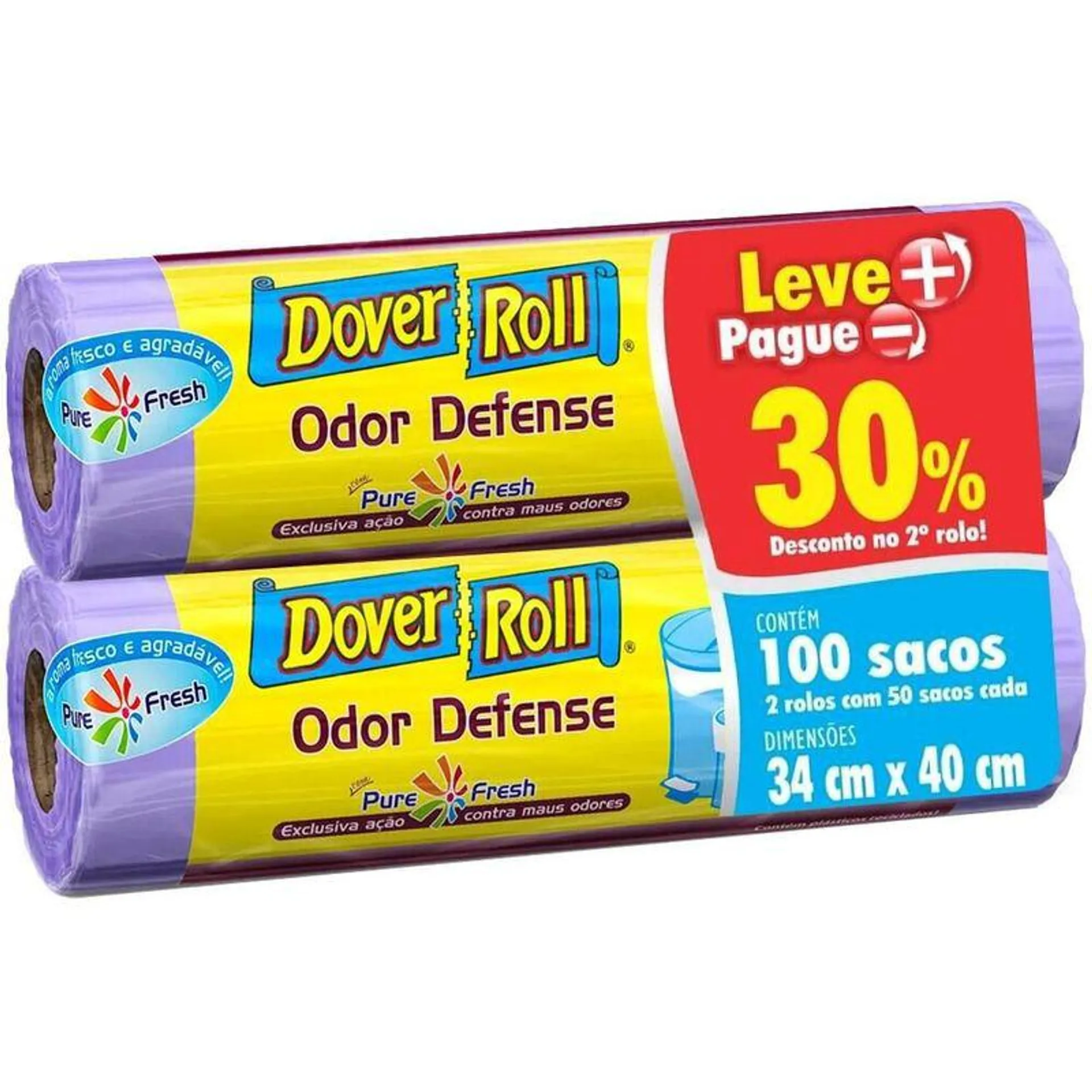 Saco Para Lixo Dover Roll Banheiro & Pia Odor Defense 30% De Desconto No 2º Rolo 34cm X 40cm Rolo Com 100 Unidades Leve + Pague -