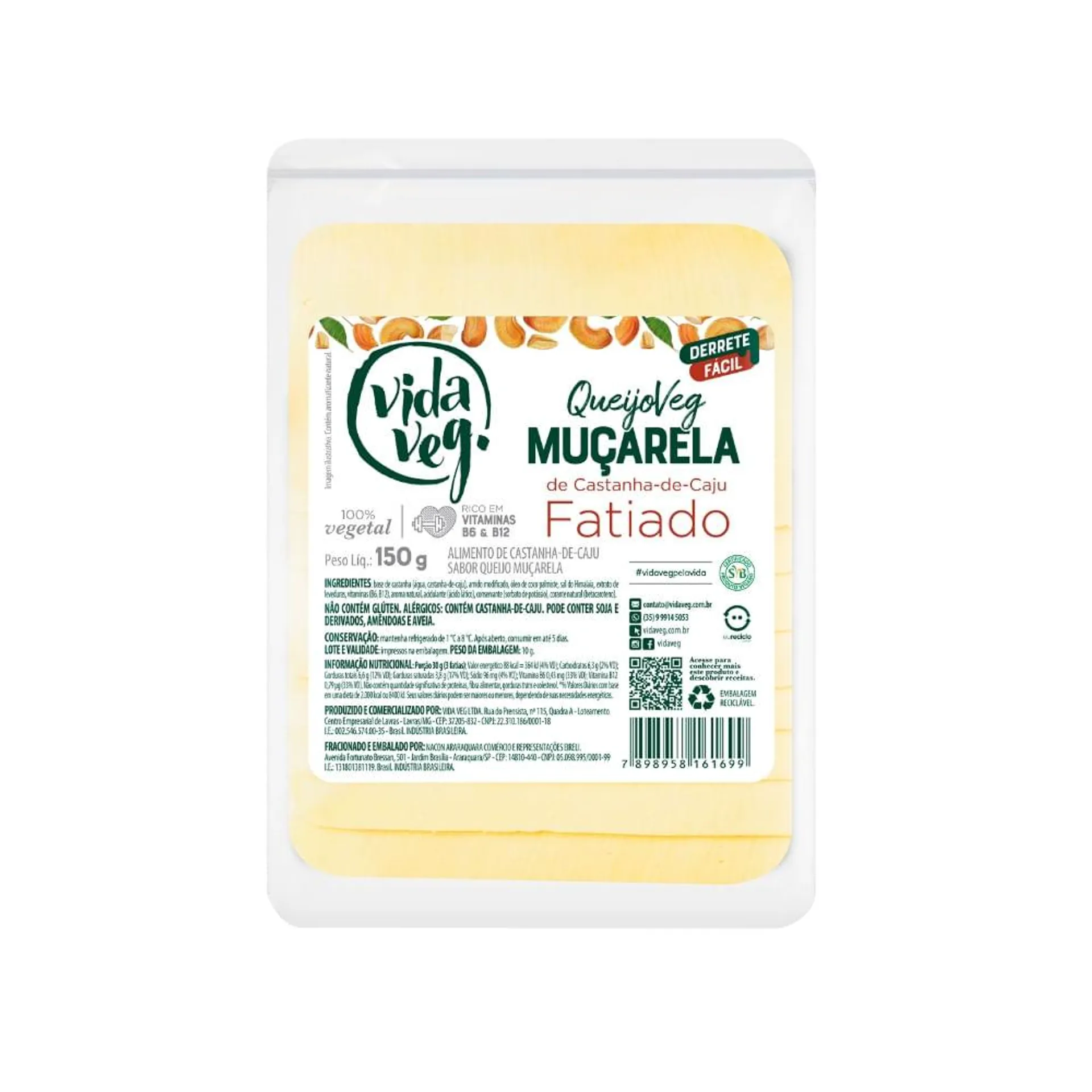 Queijo Vegetal Castanha Caju Vida Veg Muçarela Fatiada 150g