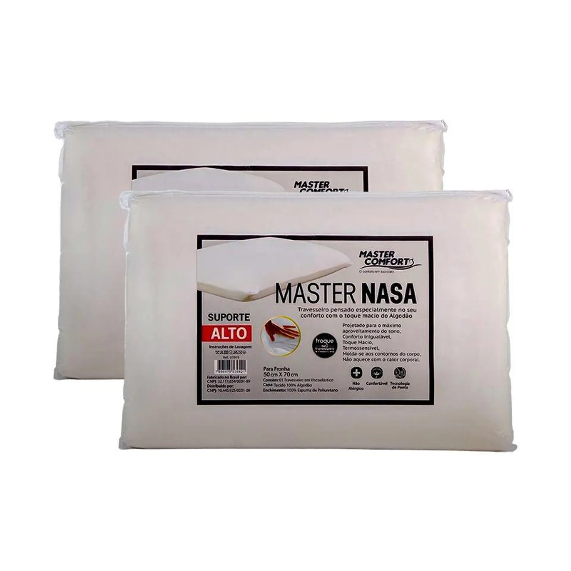 Kit com 2 Travesseiros Master Nasa Suporte Alto Visco Elástico 50X70cm - Master Comfort