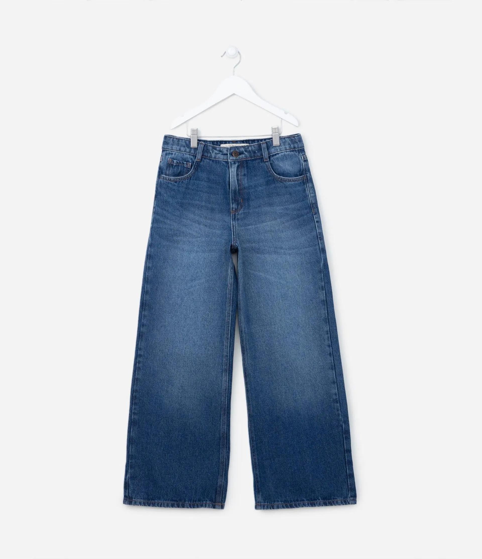 Calça Wide Leg Infantil Jeans com Efeito Desbotado - Tam 5 a 14 anos Azul