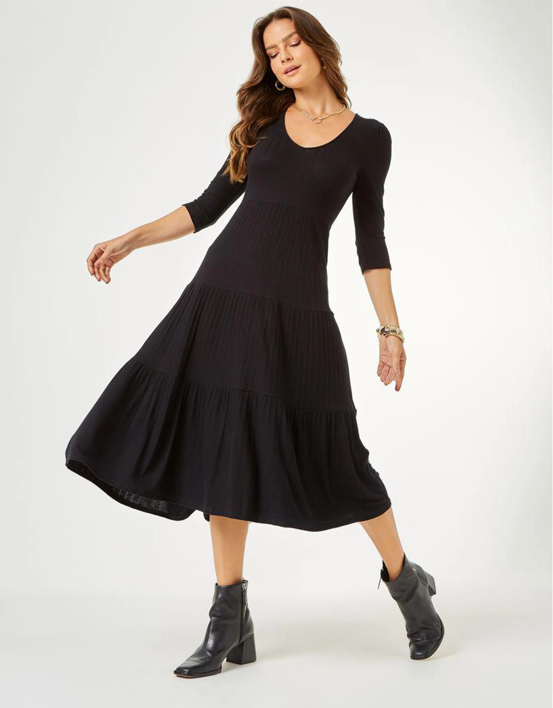 Vestido Canelado Marias Midi - Preto