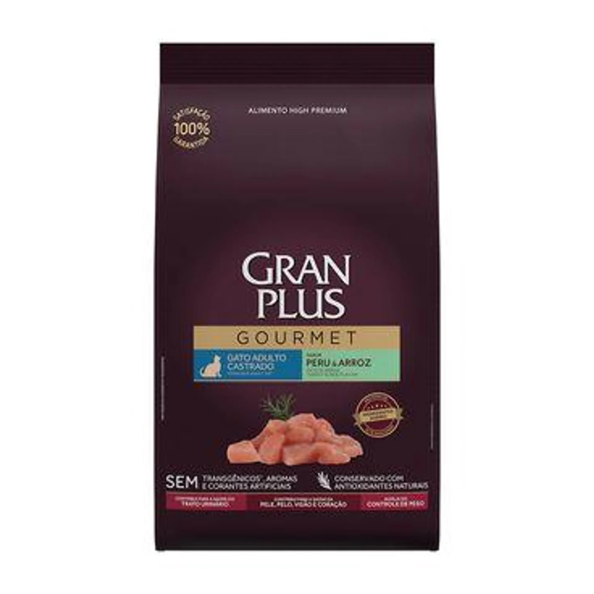 Ração GranPlus Gourmet Gatos Adultos Castrados Peru e Arroz 1kg