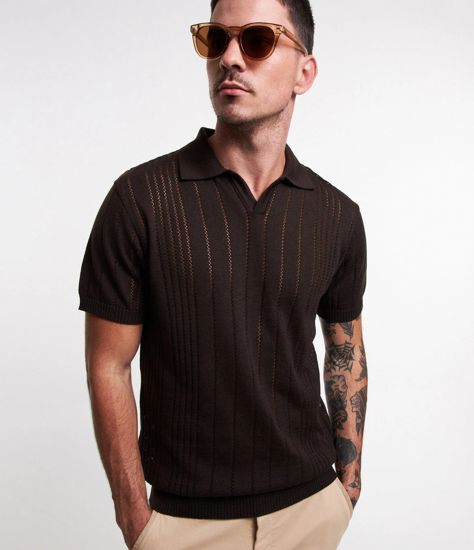 Camiseta Polo em Tricô com Textura e Mangas Curtas Preto