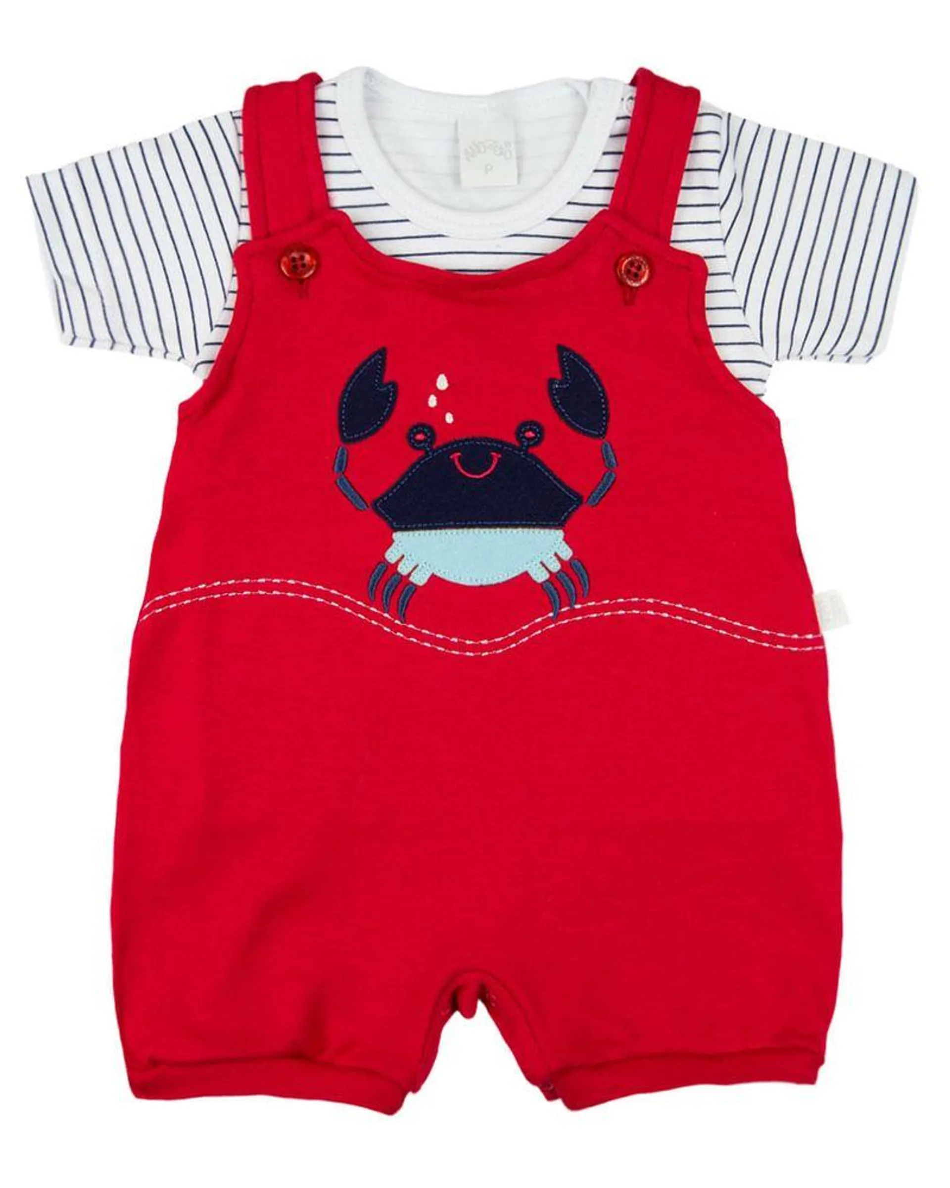 Macacão Bebê Curto Menino Salopete Suedine Com Camiseta Listrada Bordado Carangueijo - Vermelho