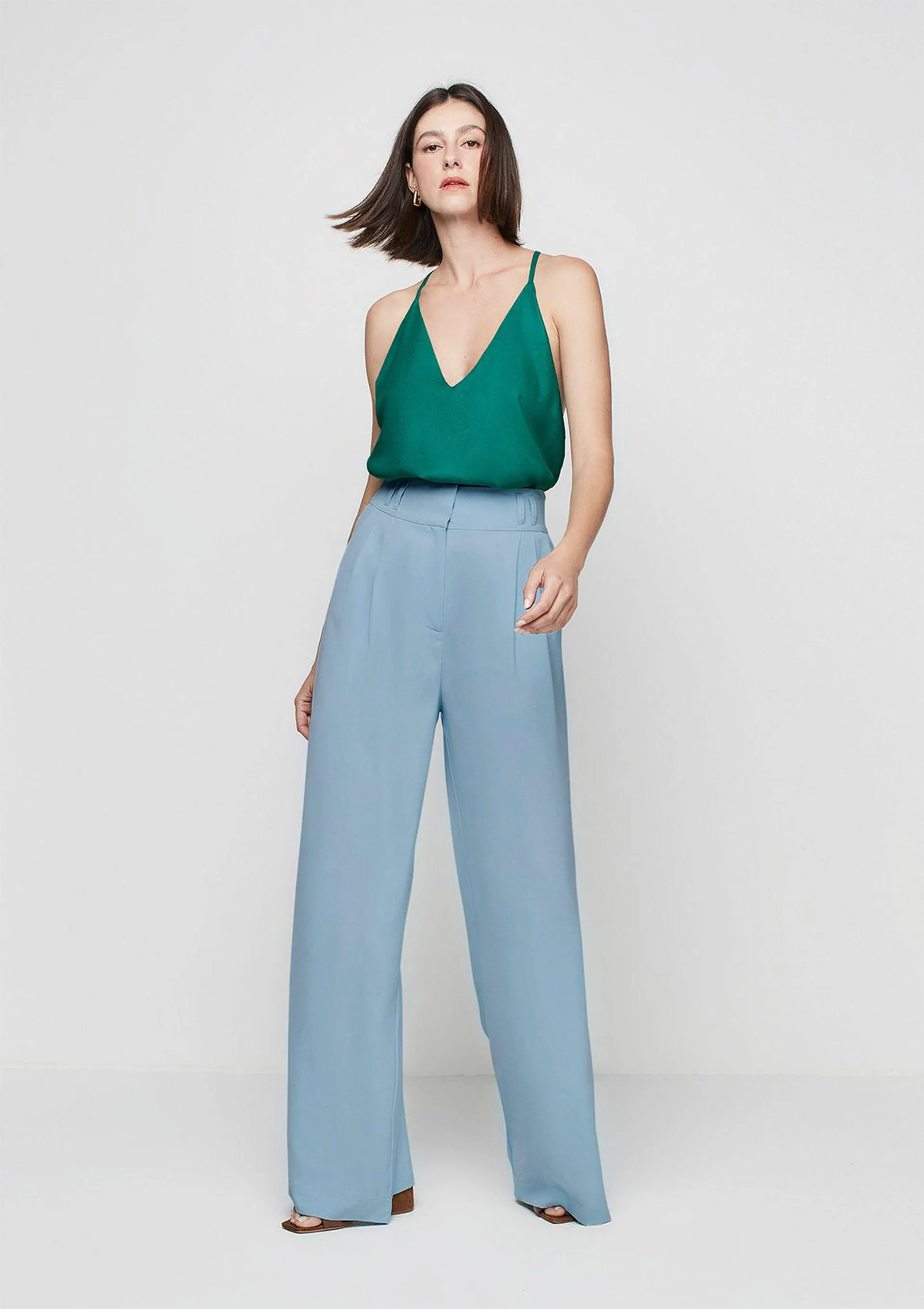 Calça Wide Leg Cintura Alta Em Alfaiataria - Azul