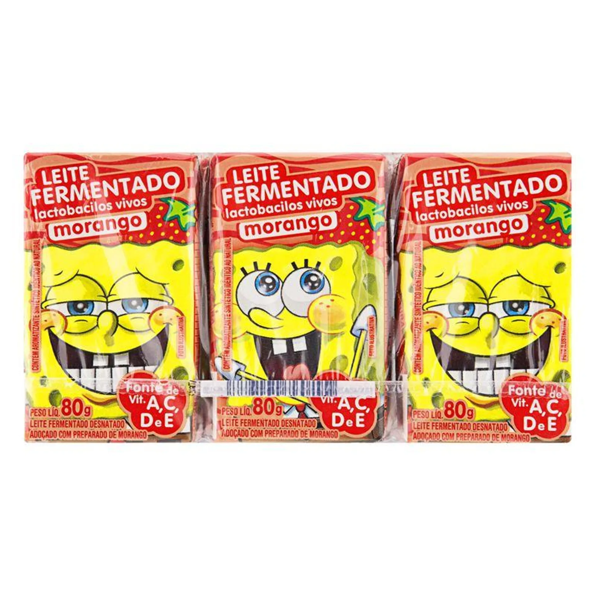 Leite Fermentado Desnatado Elegê Bob Esponja Morango Caixa 80g c/ 6 Unid