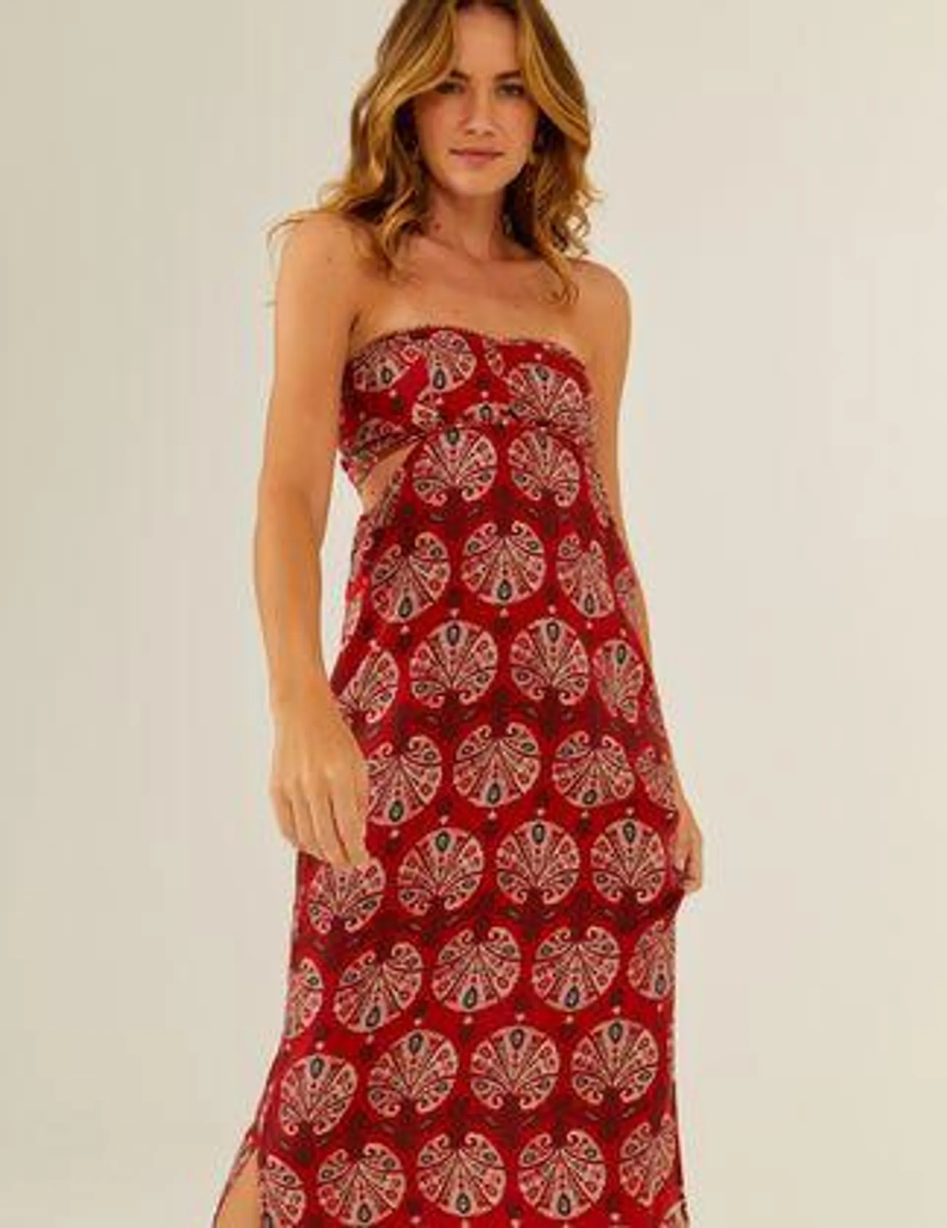 Vestido Midi Linho Estampa Leque