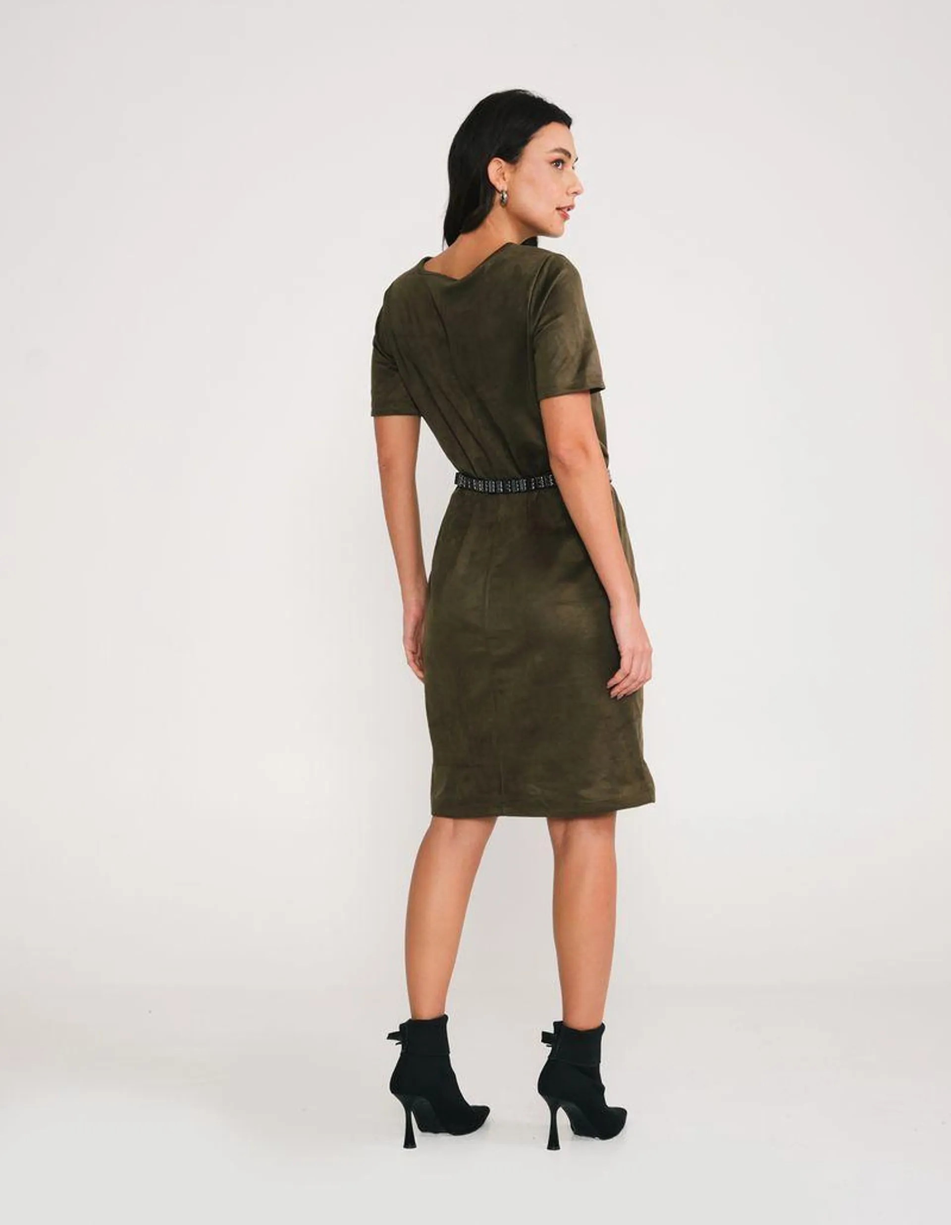 Vestido Midi Suede Faixa - Verde Oliva