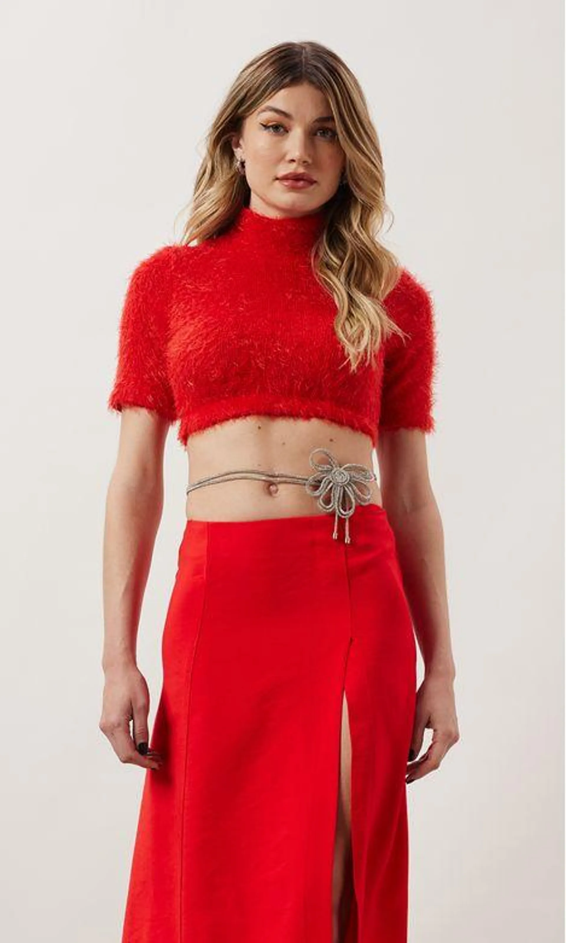 Cropped Faux Fur Gola Alta - Vermelho