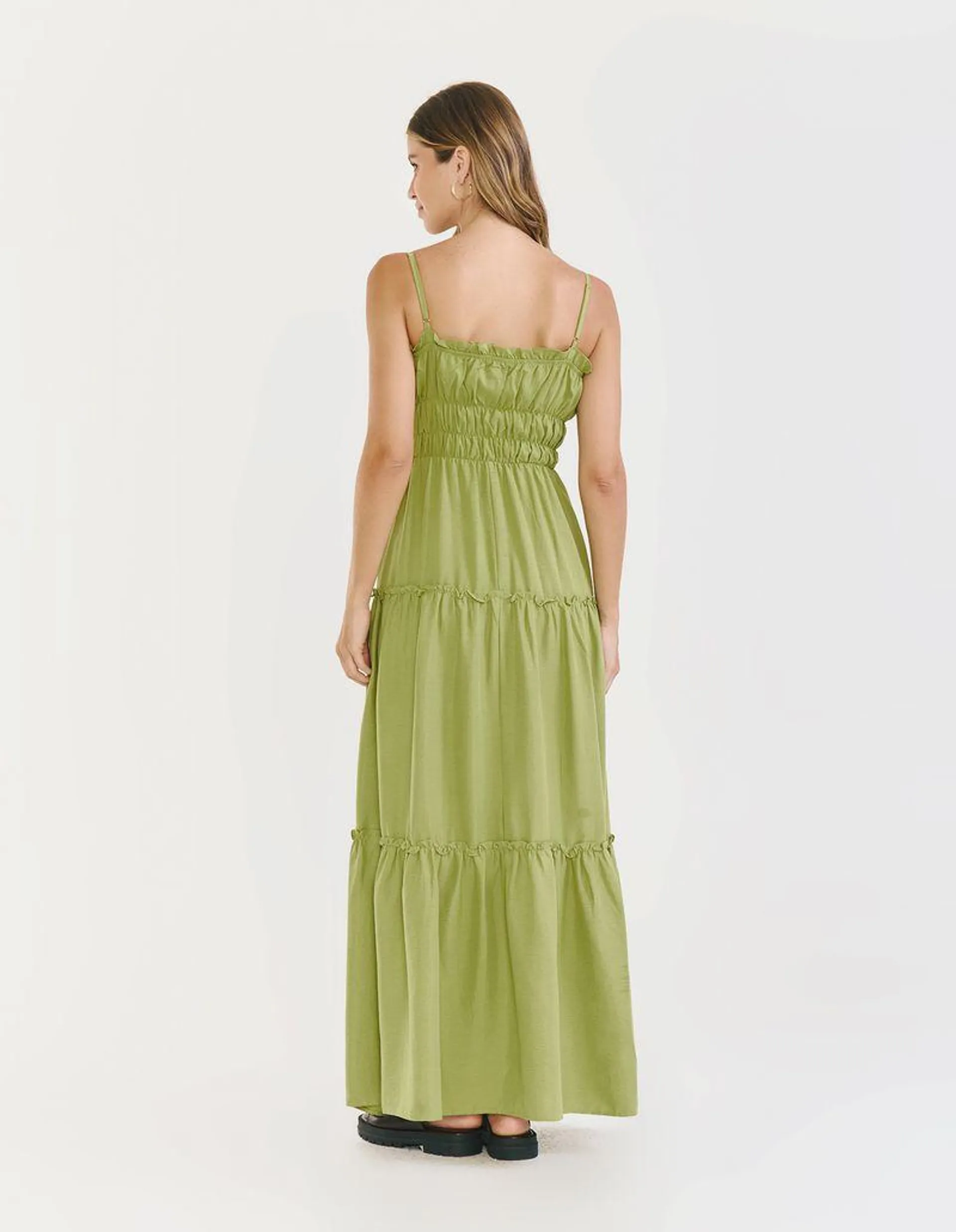 Vestido Longo Marias Cintura Franzida - Verde