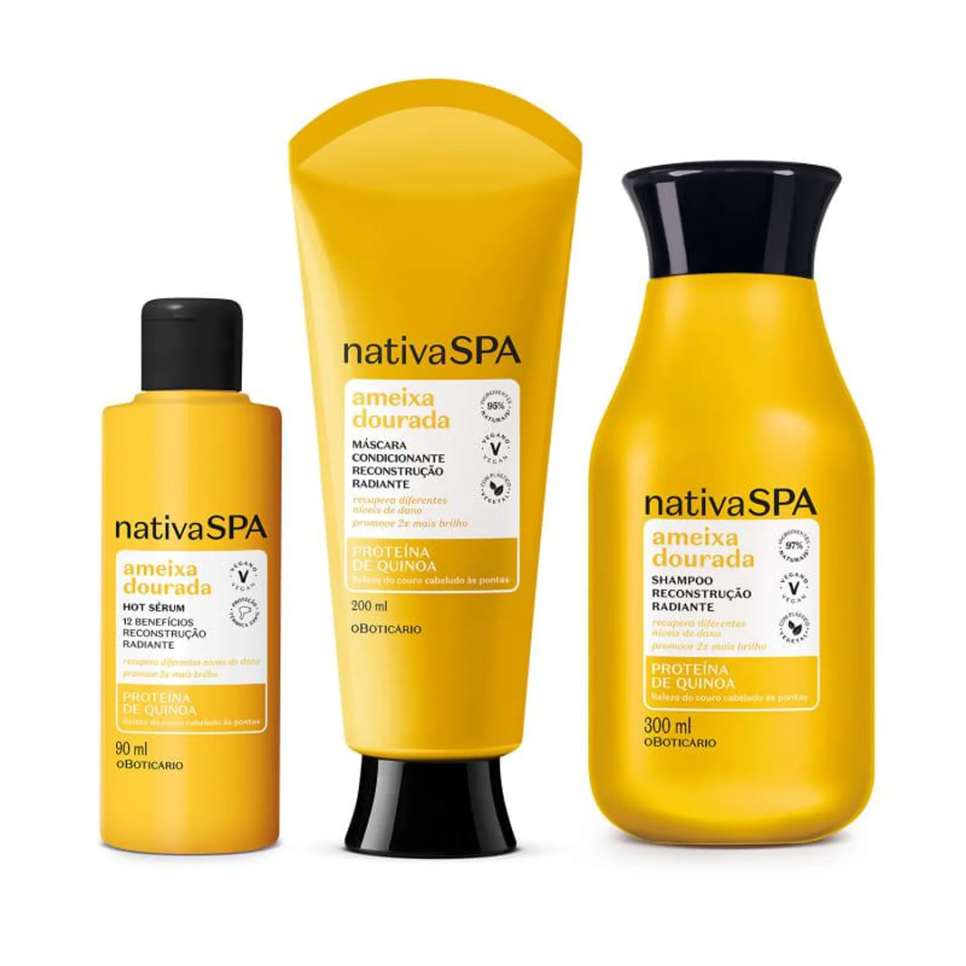 Combo Nativa SPA Ameixa Dourada: Shampoo 300ml + Máscara Condicionante 200ml + Hot Sérum Capilar 90ml