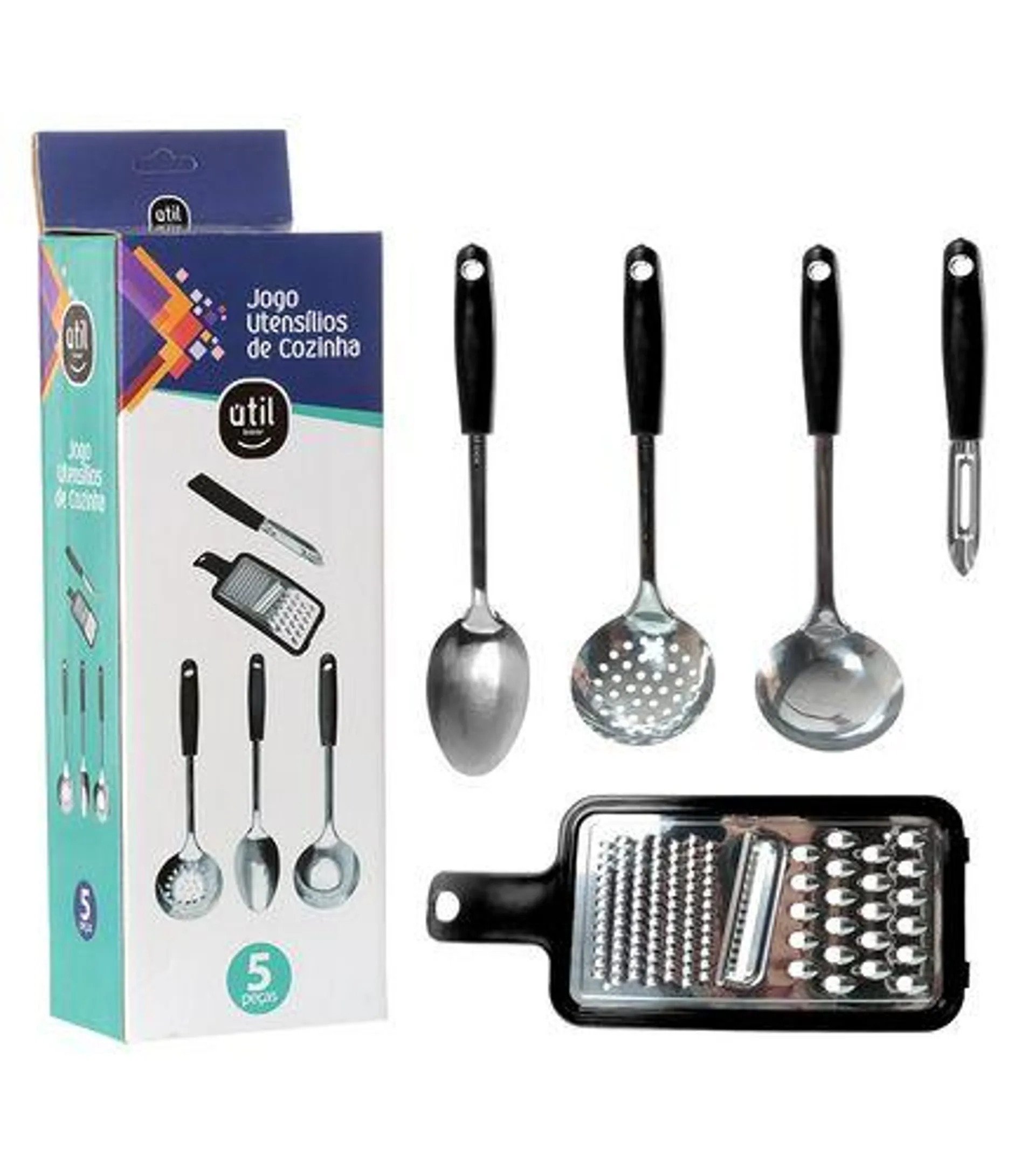 Jogo Utensílios de Cozinha em Inox 5 Peças Preto Útil Bazar RF447