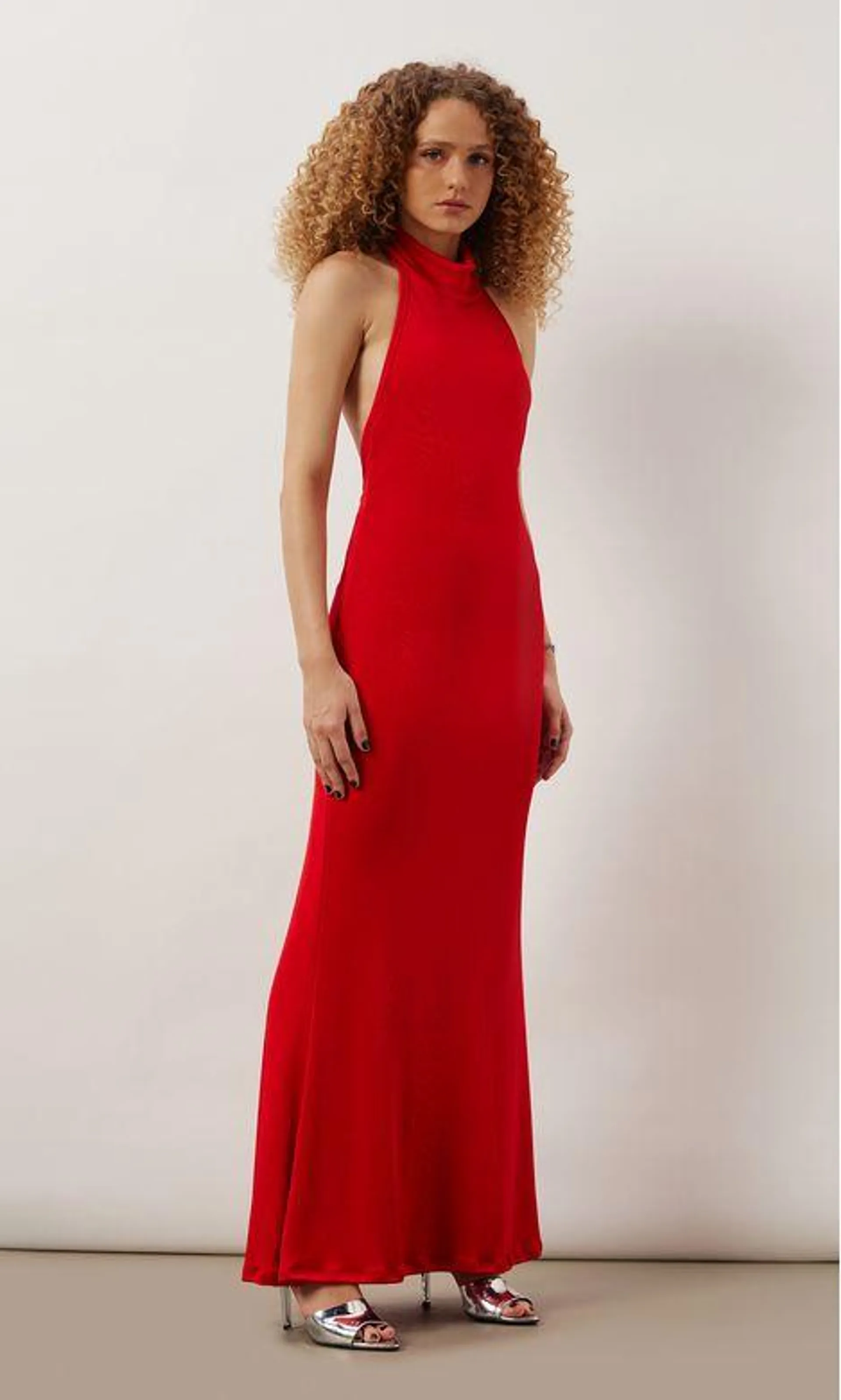 Vestido Longo Frente Única Malha Canelada - Vermelho