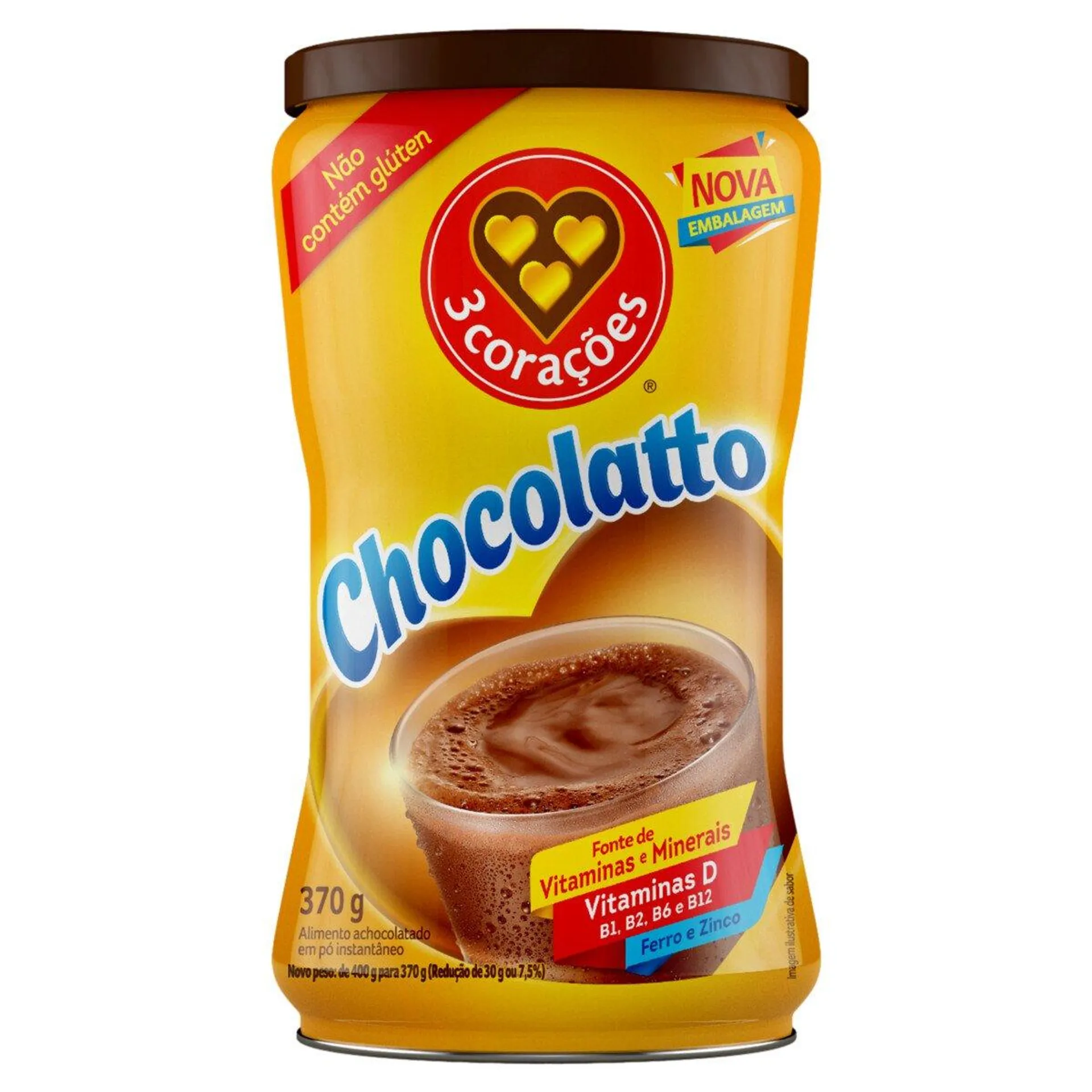 Achocolatado Em Pó 3 Corações Chocolatto Lata 370g