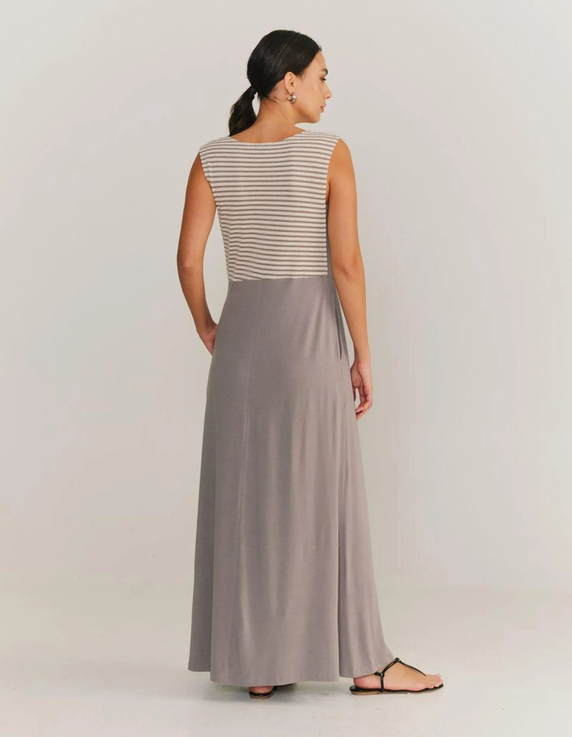 Vestido Stripe Decote Longo - Cinza