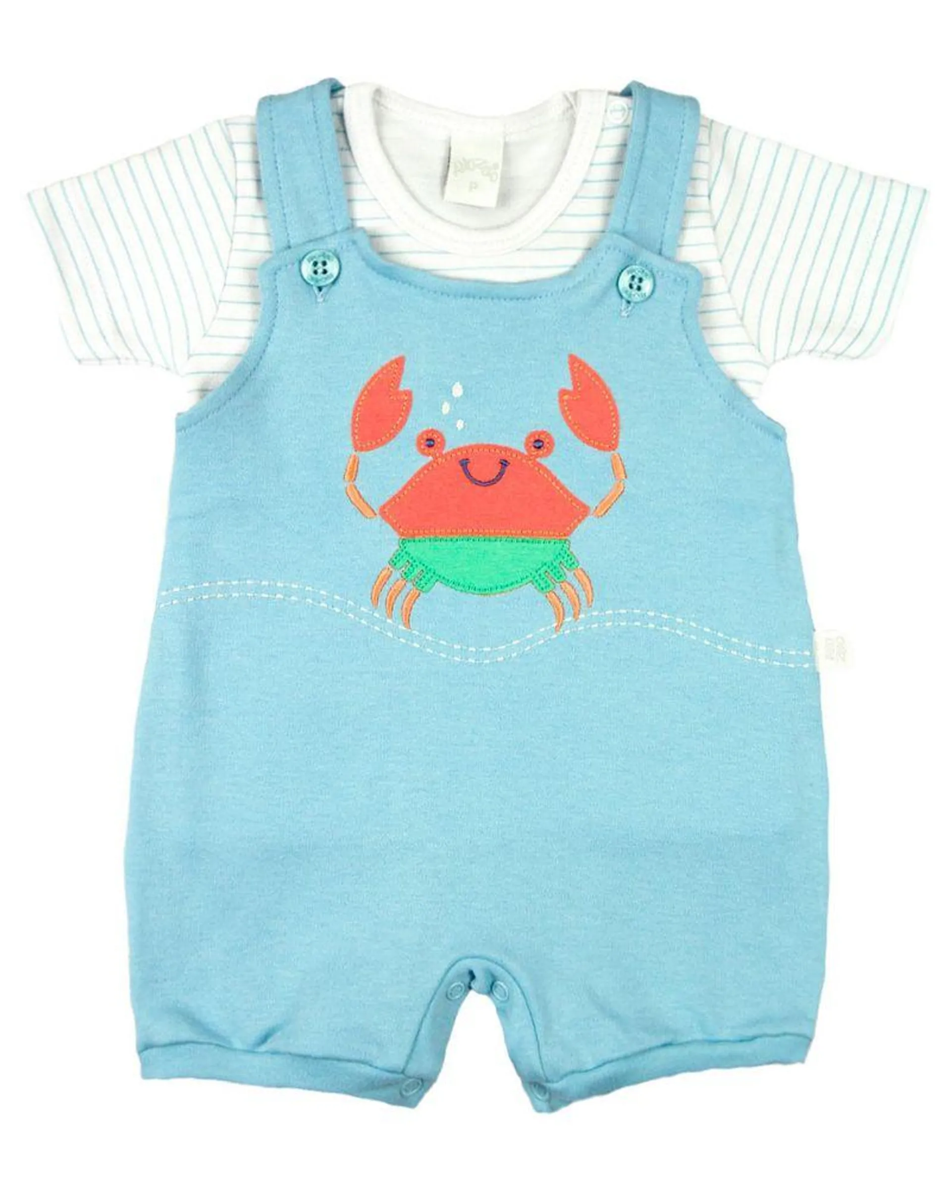 Macacão Bebê Curto Menino Salopete Suedine Com Camiseta Listrada Bordado Carangueijo - Azul