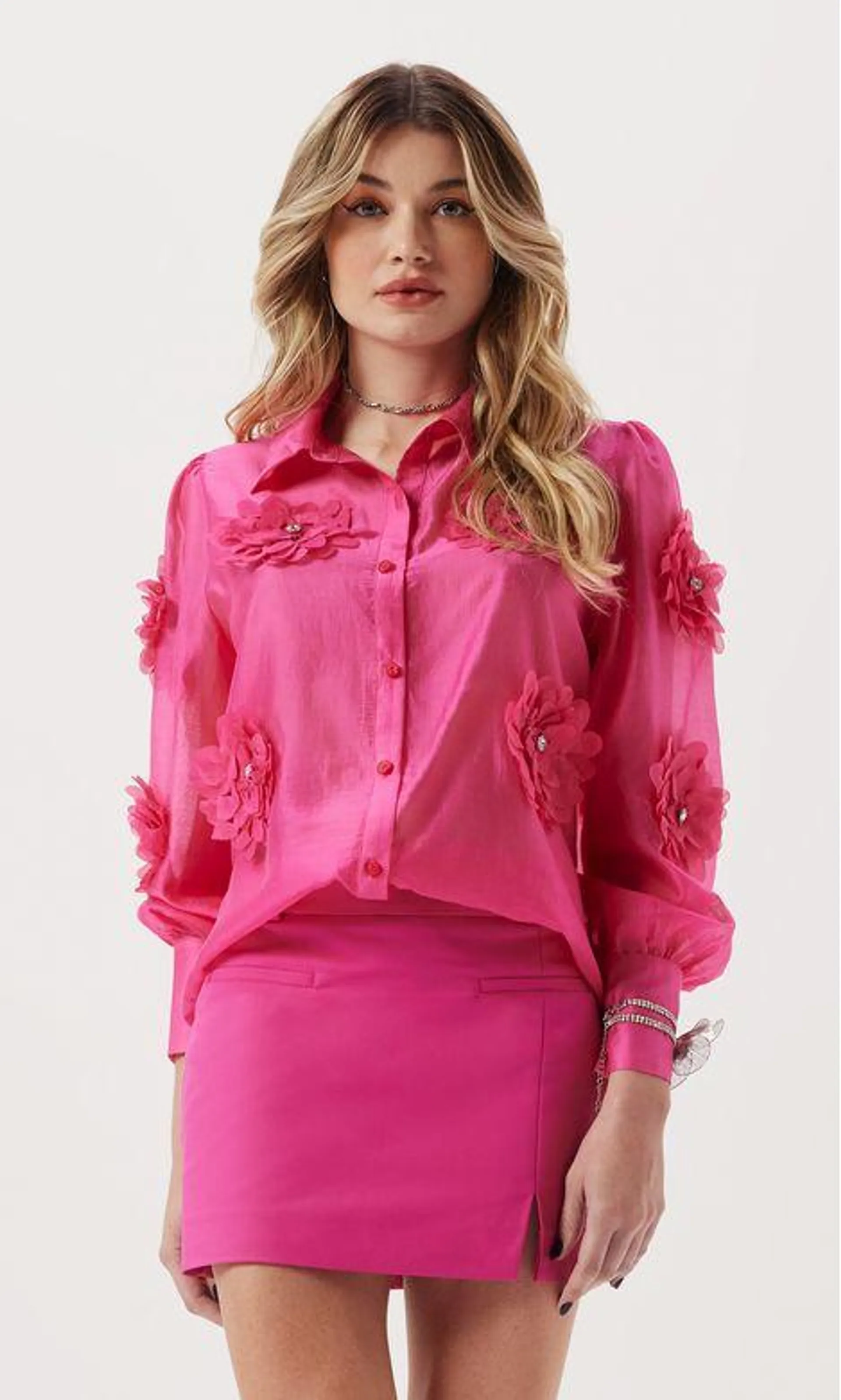 Chemise em Transparência Aplicação Flores - Pink