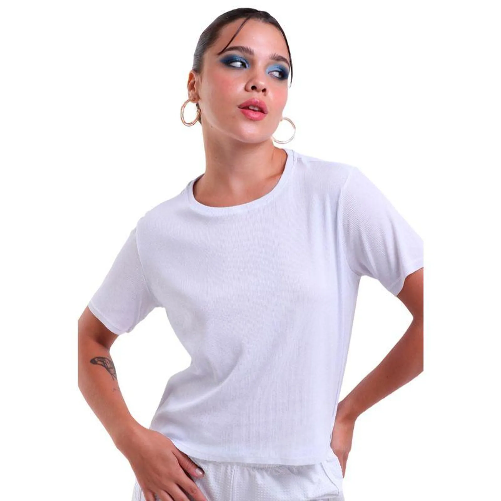 Blusa Feminina Manga Curta Mullet Canelado Trendz Branco