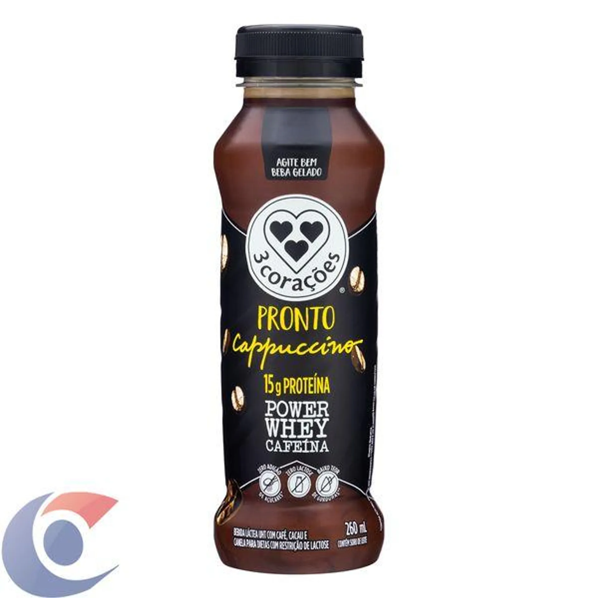 Bebida Láctea Uht Cappuccino Zero Lactose 3 Corações Power Whey Cafeína Frasco 260ml