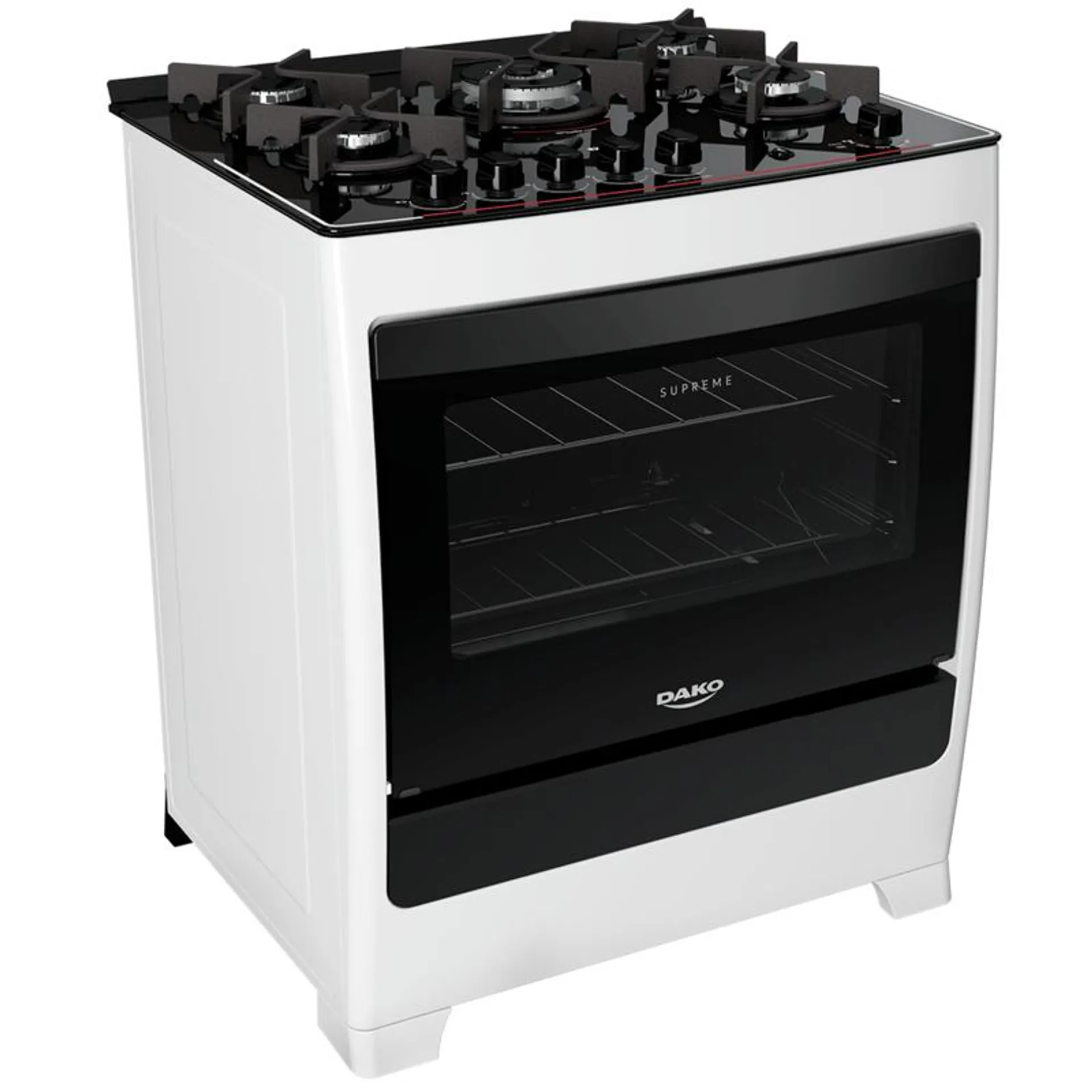 Fogão 5 Bocas de Piso Dako, Acendimento Automático, Forno 100L, Branco - Supreme Glass