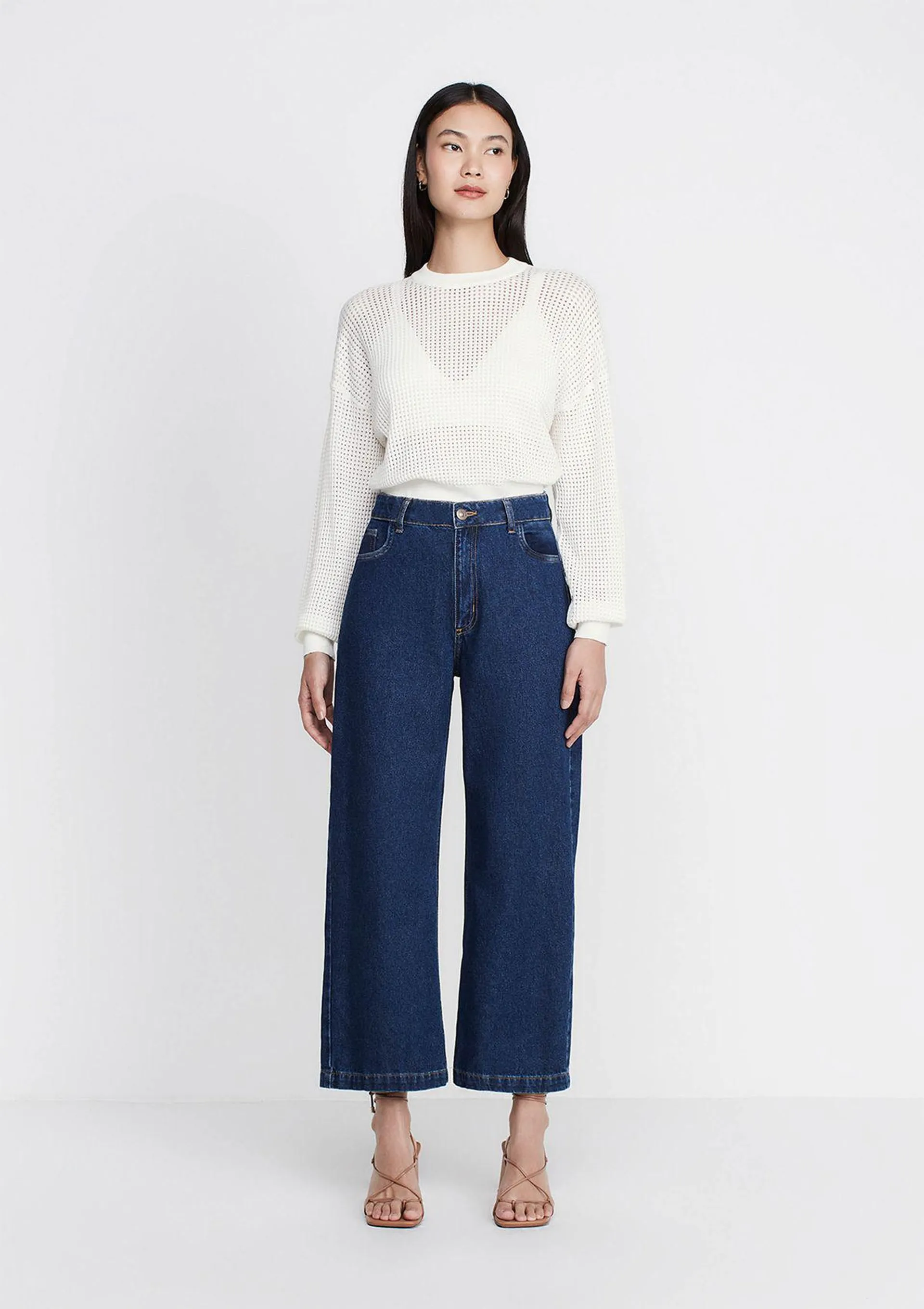 Calça Jeans Wide Leg Cropped Cintura Alta - Azul