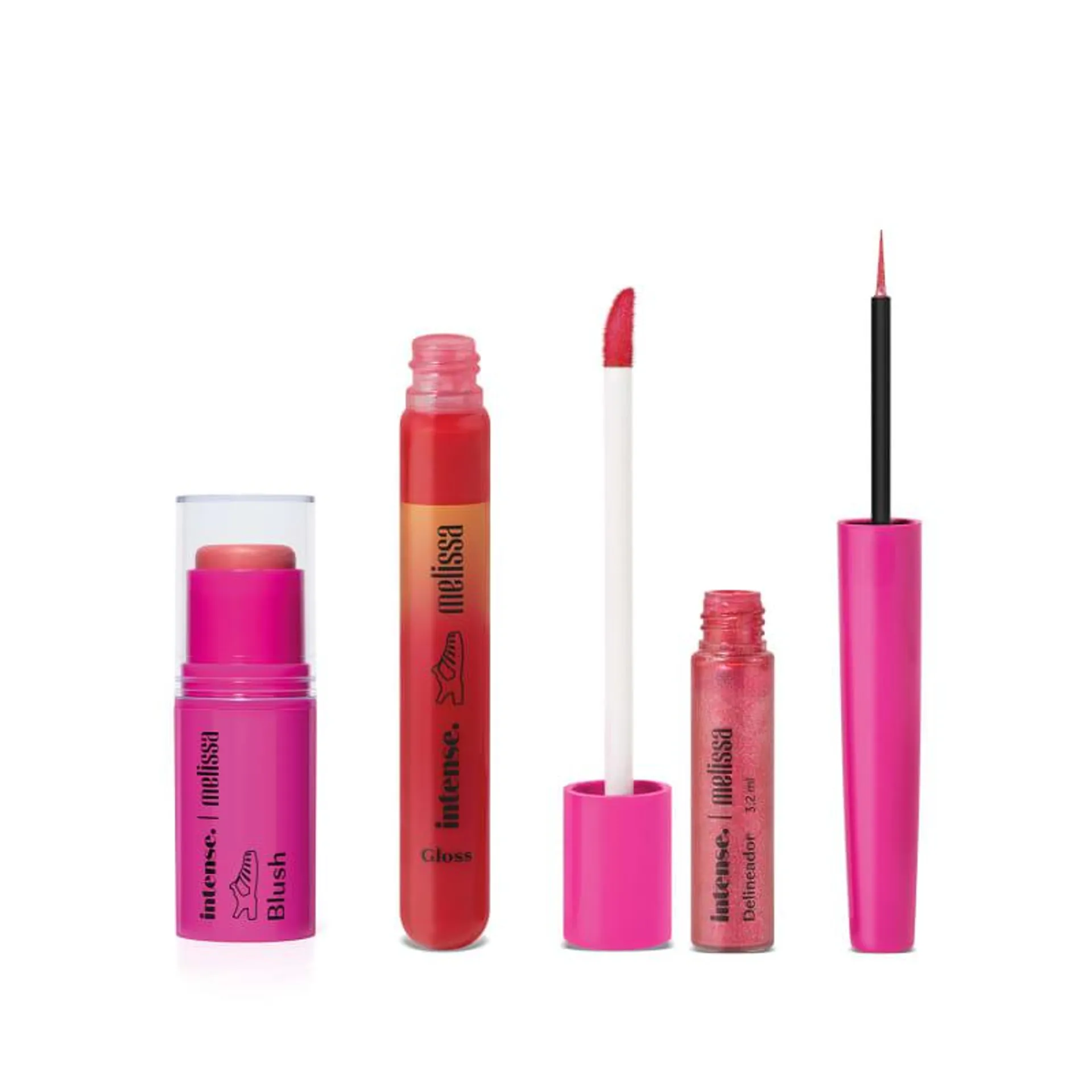 Combo Intense Melissa: Gloss Labial Pink 5,5ml + Blush Stick 5,5g + Delineador Líquido 3,2ml