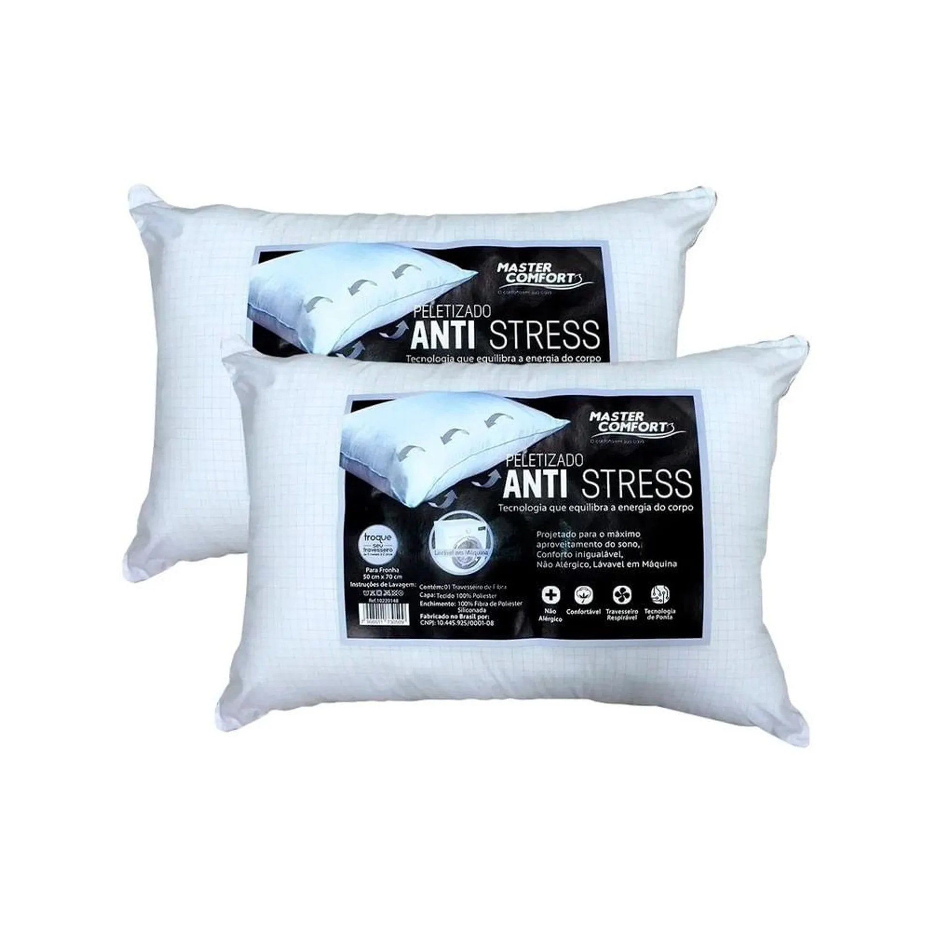 Kit 2 Travesseiros Fibra Peletizado Anti-stress 70x50cm - Master Comfort