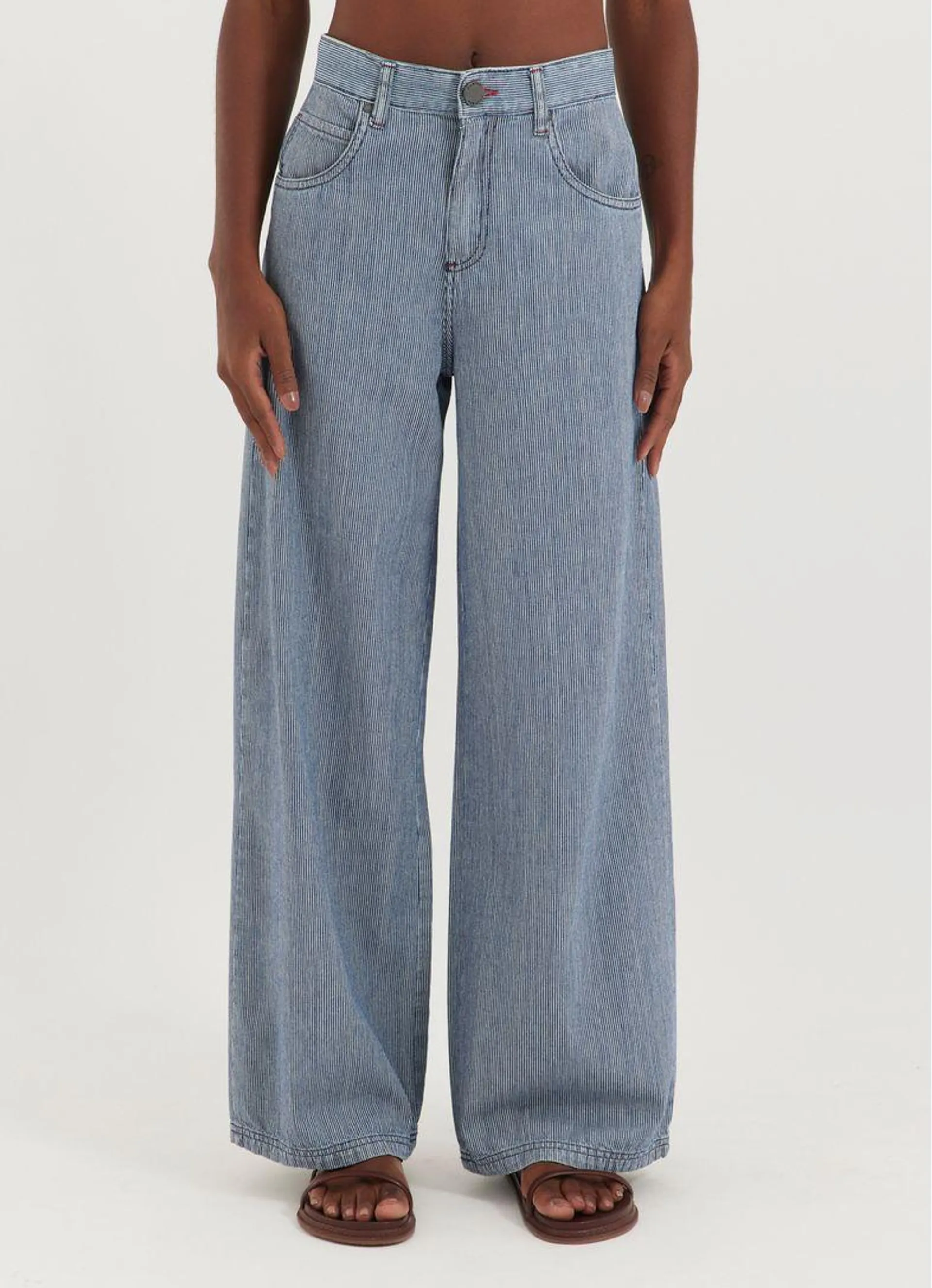 Calça jeans wide leg listra denim