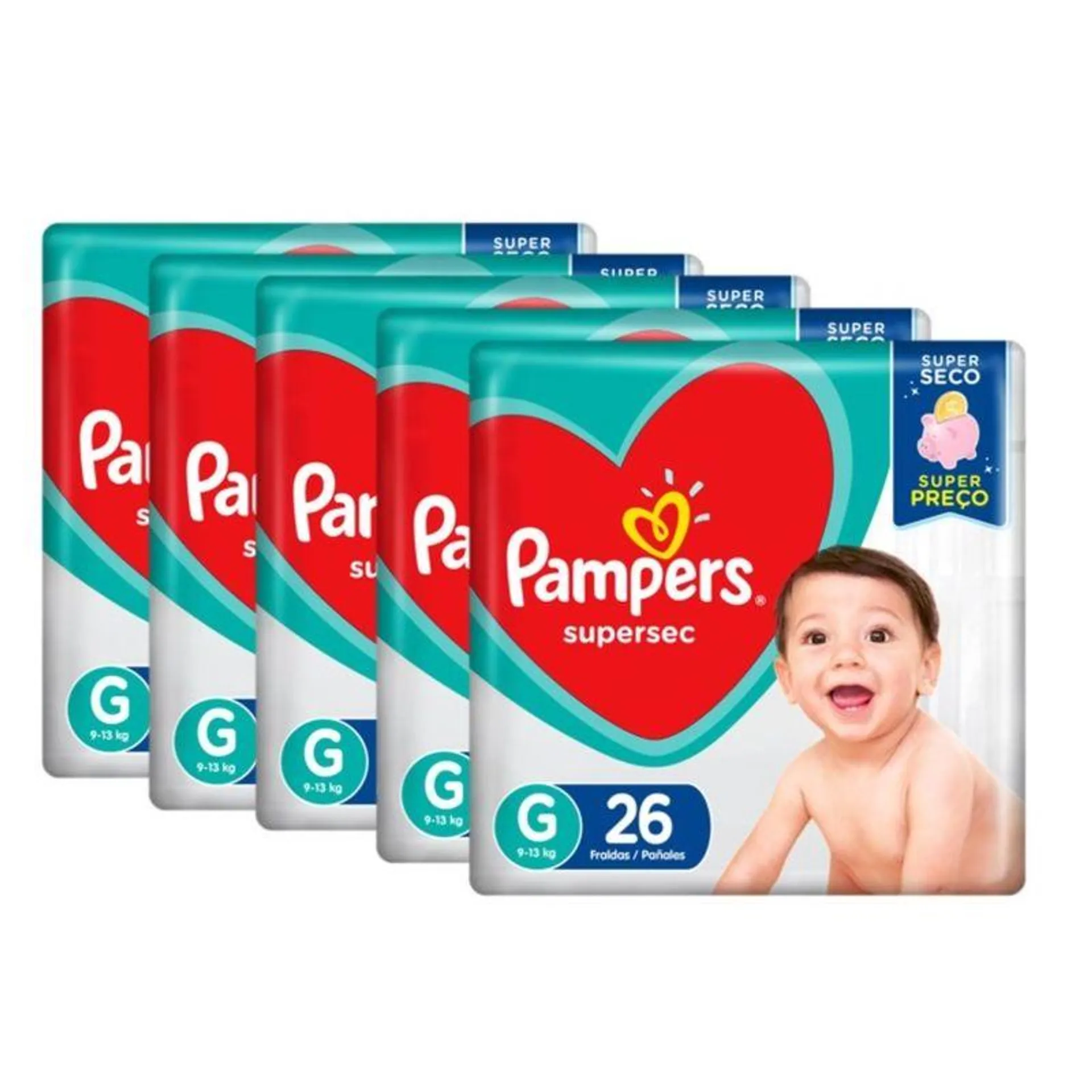 Kit 5 Fraldas Pampers Supersec Pacotão G c/26 - 130 unidades