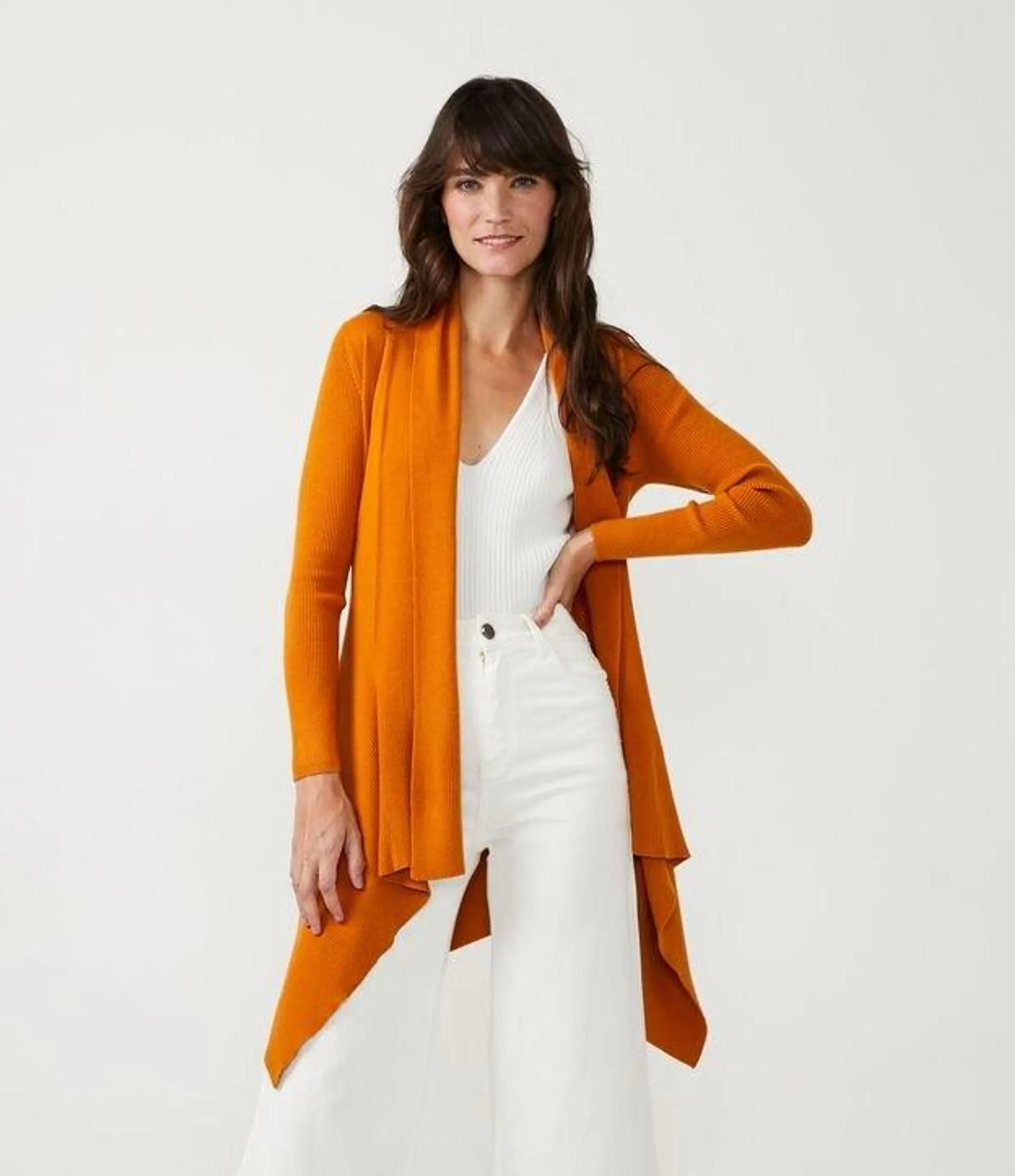 Cardigan Alongado em Tricô Texturizado com Abertura Total Laranja