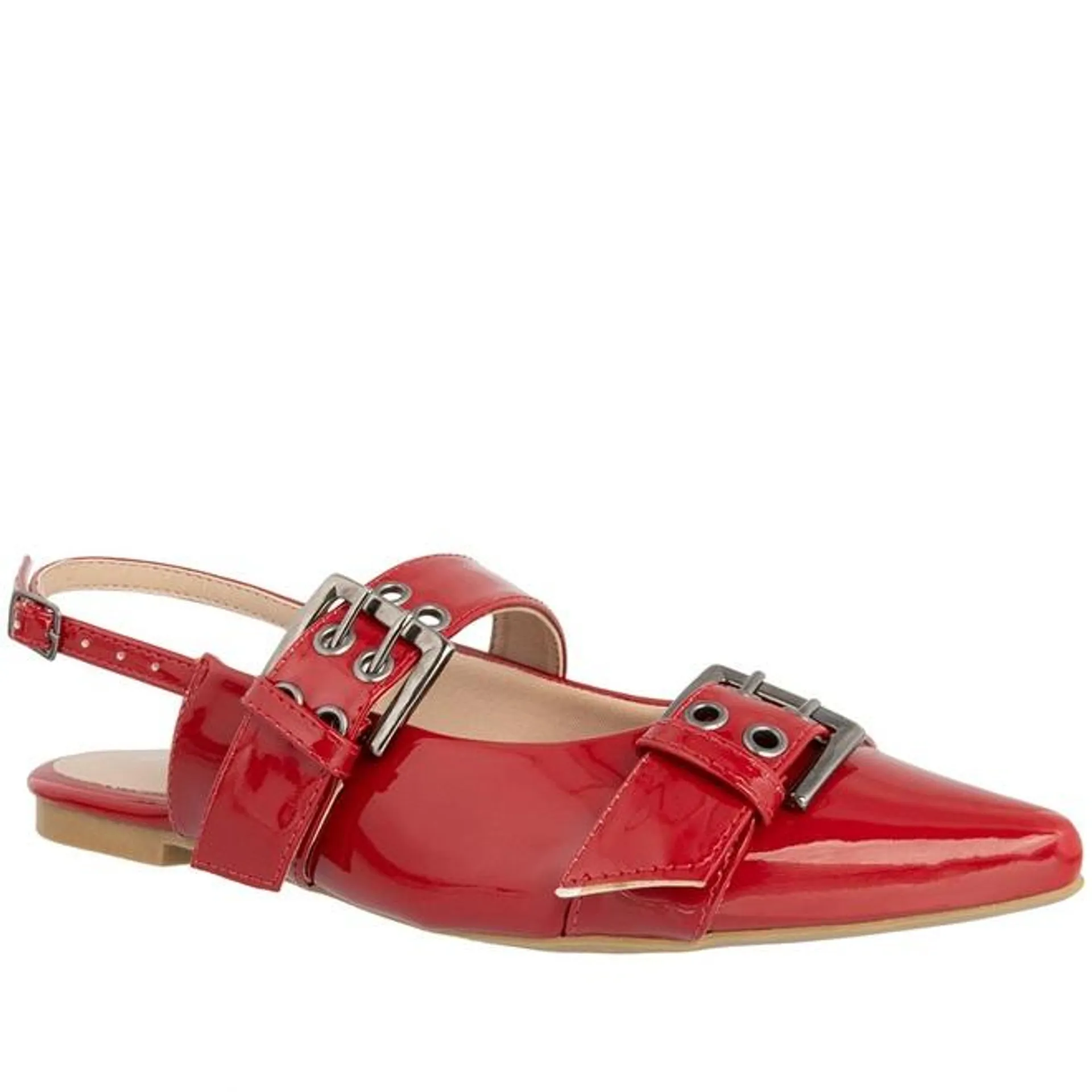 Sapatilha Boneca Slingback Gabriela Detalhe Fivelas Ilhós Verniz Vermelho