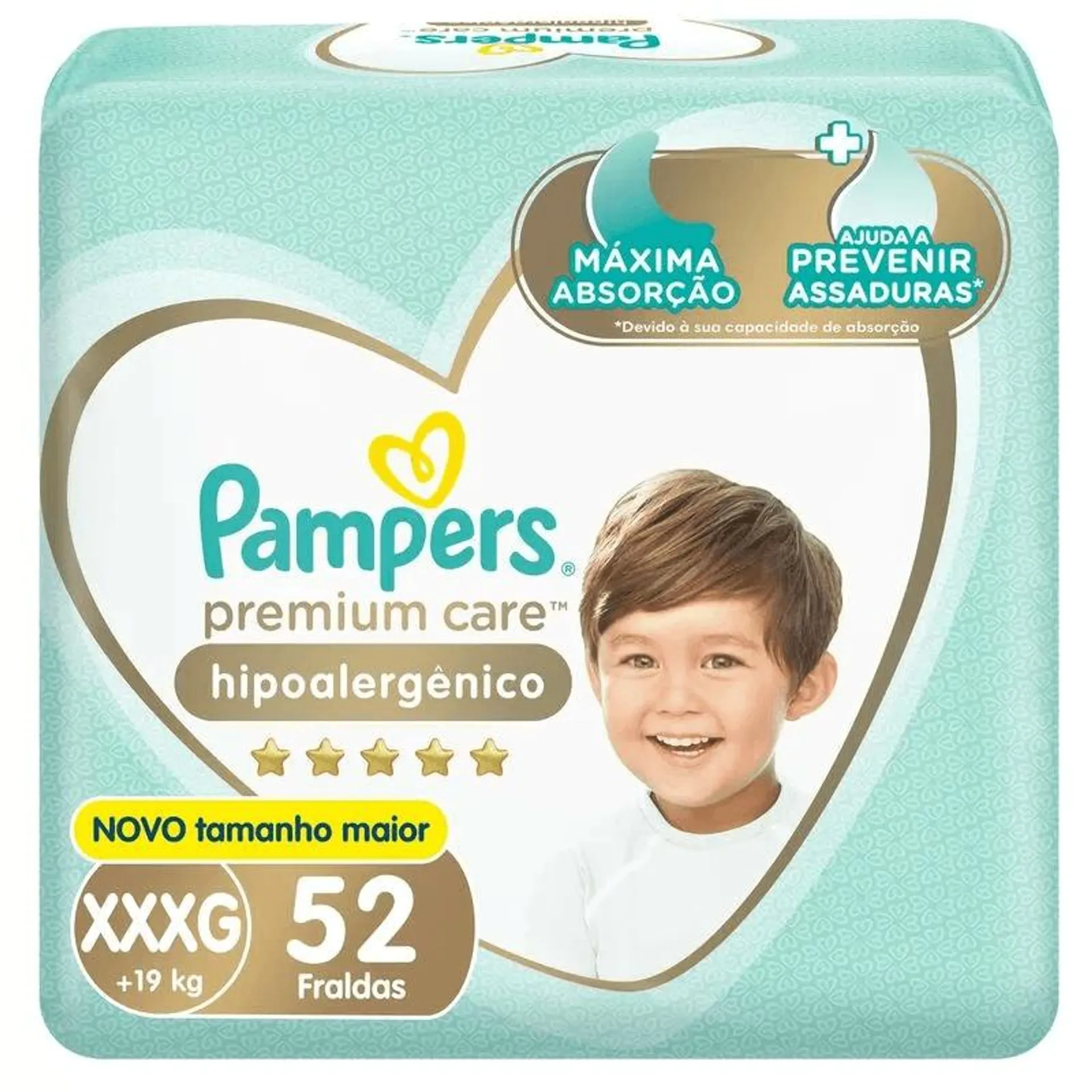 Fralda Pampers Premium Care Hipoalergênico Jumbo XXXG 52 unidades