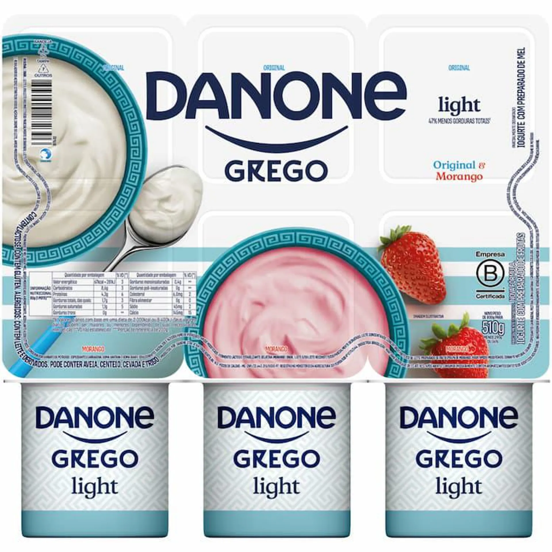 Iogurte Grego Parcialmente Desnatado Light Danone Original + Morango 510g 6 Unidades