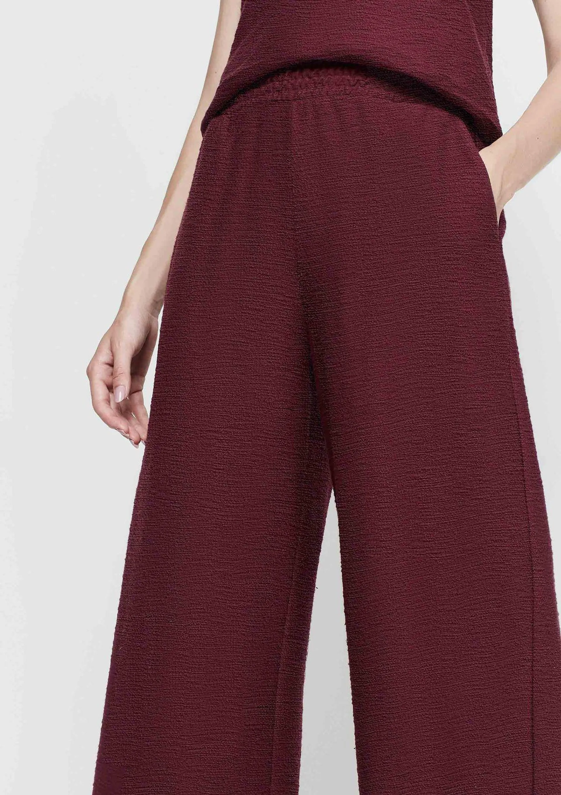 Calça Wide Leg Cintura Alta Em Malha Texturizada - Vermelho