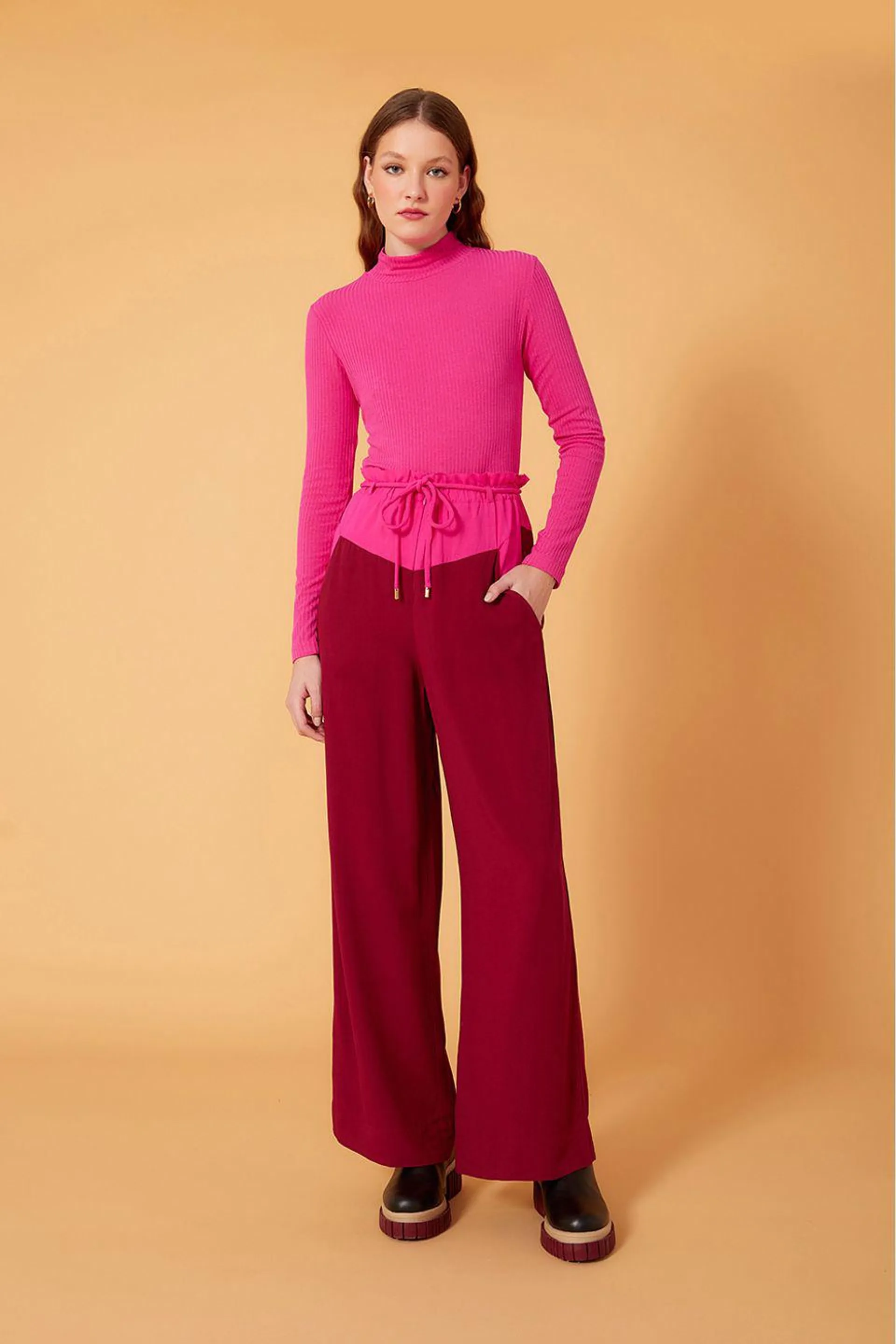 Calça Bicolor Com Cadarço Cintura
