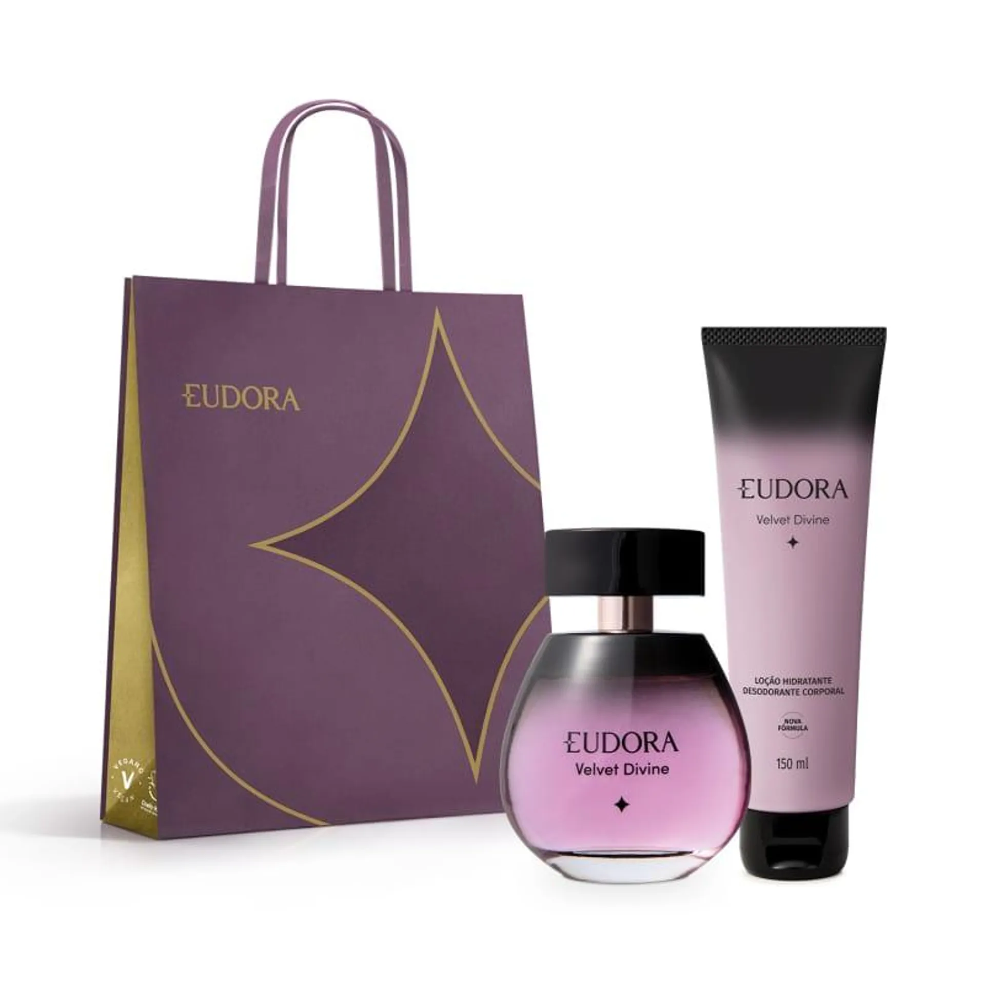 Combo Eudora Velvet Divine: Loção Perfumada Desodorante Corporal 150ml + Desodorante Colônia 100ml + Sacola M