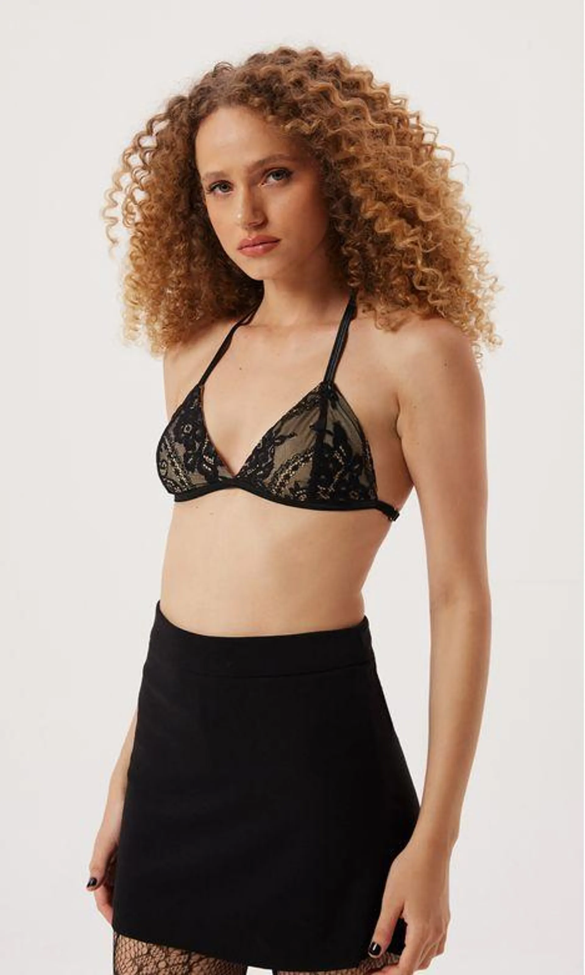 Top Renda Chantilly Costas Nadador - Preto